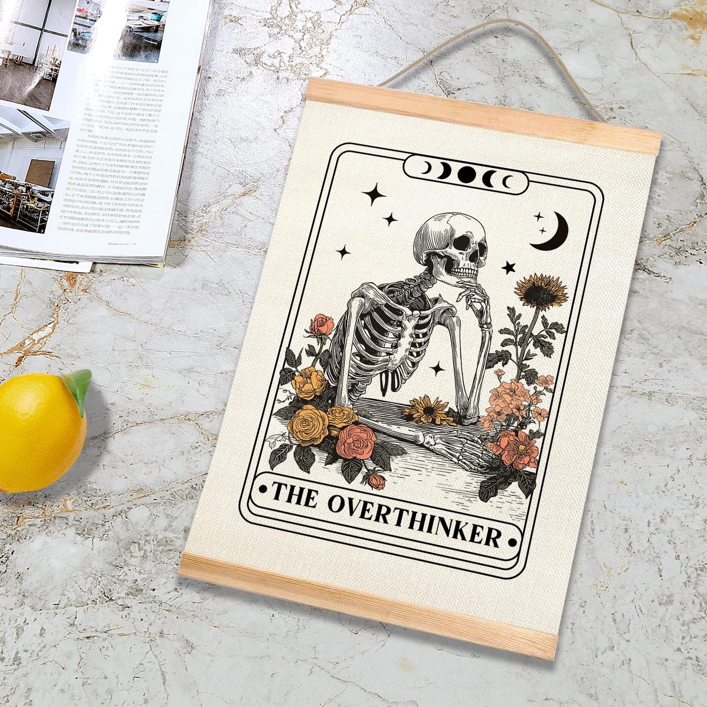 HEYJEEPER The Overthinker Tarot Card Wall Art,Skeleton and Floral for Witch Room Decor,Humorous Wall Hanging Linen Print Poster for Bedroom,Library, Study room 14x18inch(The Overthinker)