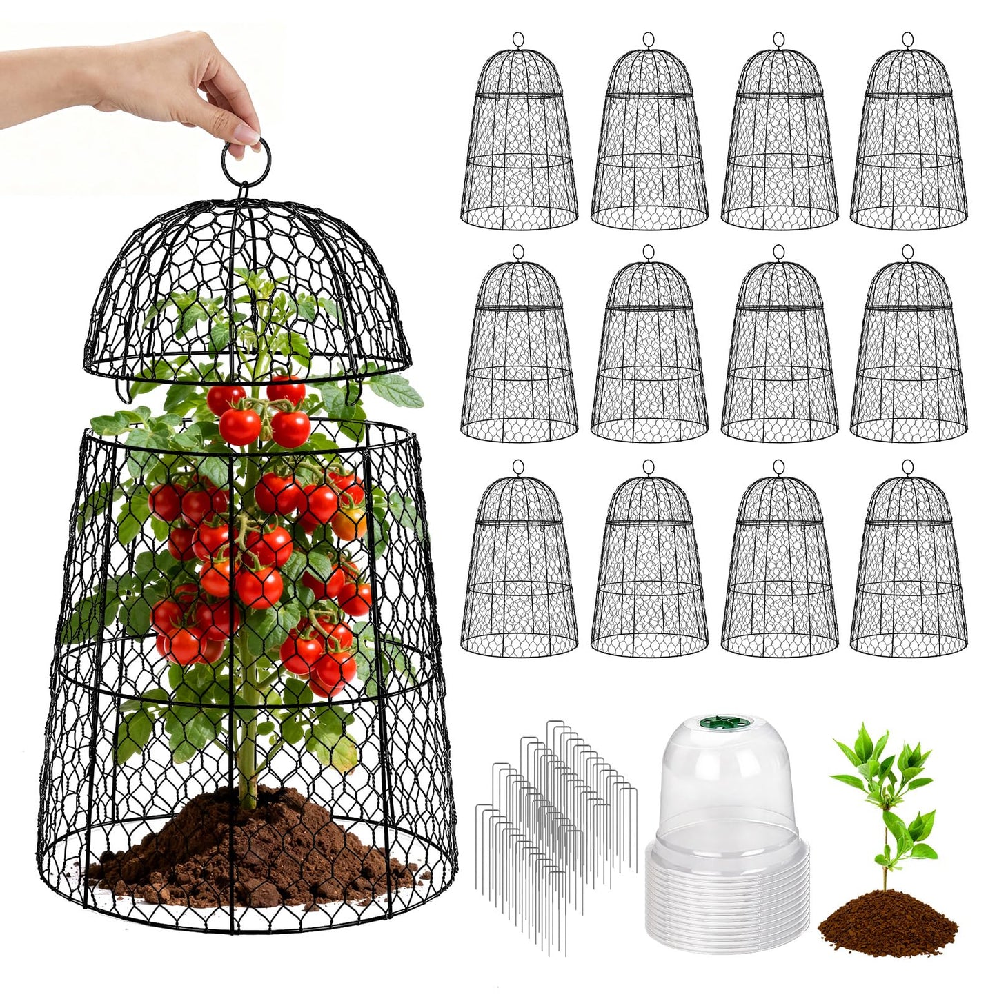 12 Pack XL Metal Garden Cloches for Plants, 17" Height Rustproof Chicken Wire Cloches for Seedlings, Vegetables & Flowers, Plant Protectors from Animals Includes 12 Humidity Domes & 48 Stakes - Black