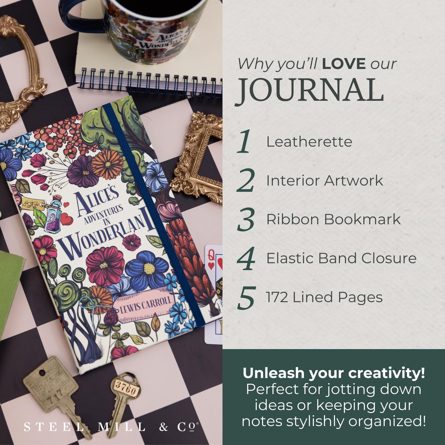 Steel Mill & Co Classic Literature Journal, 8.25" x 5.25", Vegan Leather Notebook with Lined Pages and Elastic Band (Alice's Adventures in Wonderland)