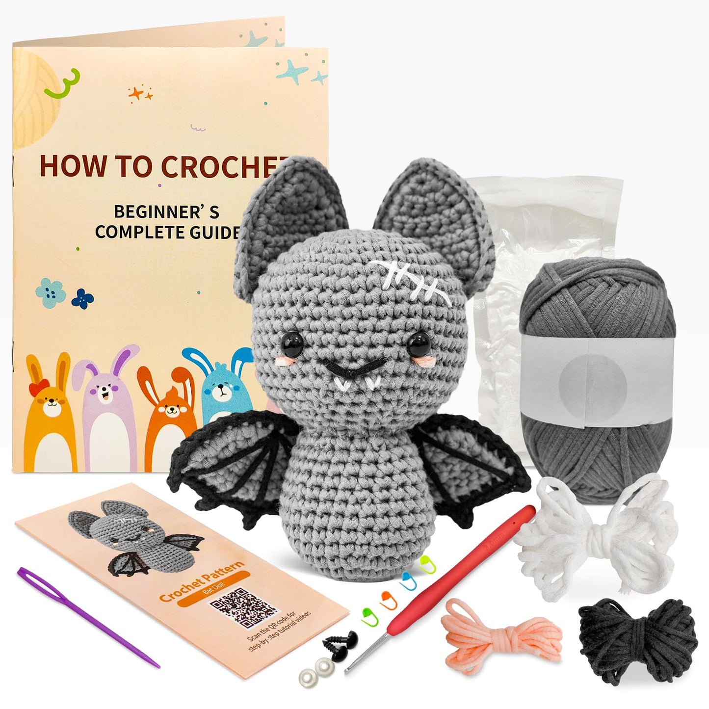 minimal beee Bat Crochet Kit for Beginners - DIY Halloween Craft Gift with Animal Yarn, Easy Knitting Supplies for Adults, Complete Starter Crochet Set with Needles & Instructions