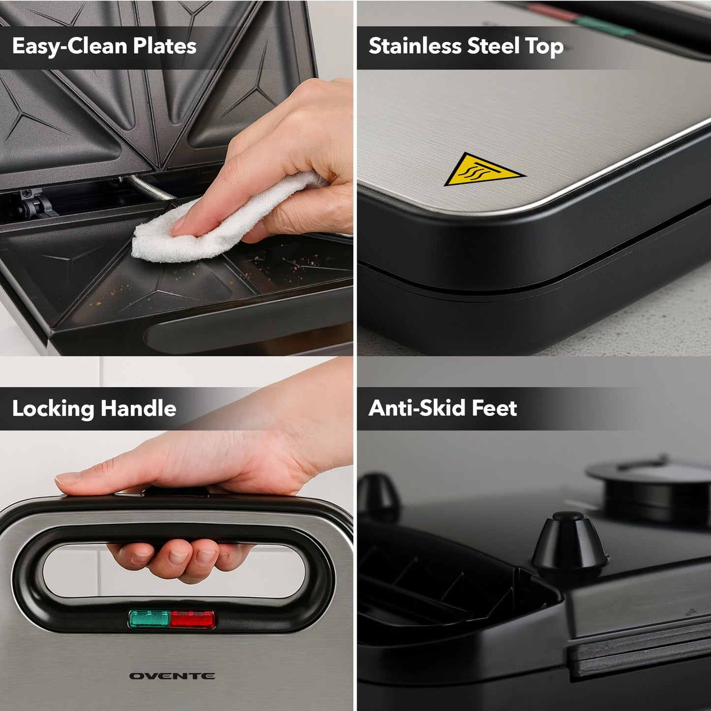 OVENTE Electric Sandwich Maker with Non-Stick Plates, Indicator Lights, Cool Touch Handle, Easy to Clean and Store, Perfect for Cooking Breakfast, Grilled Cheese, Tuna Melts and Snacks, Black GPS401B