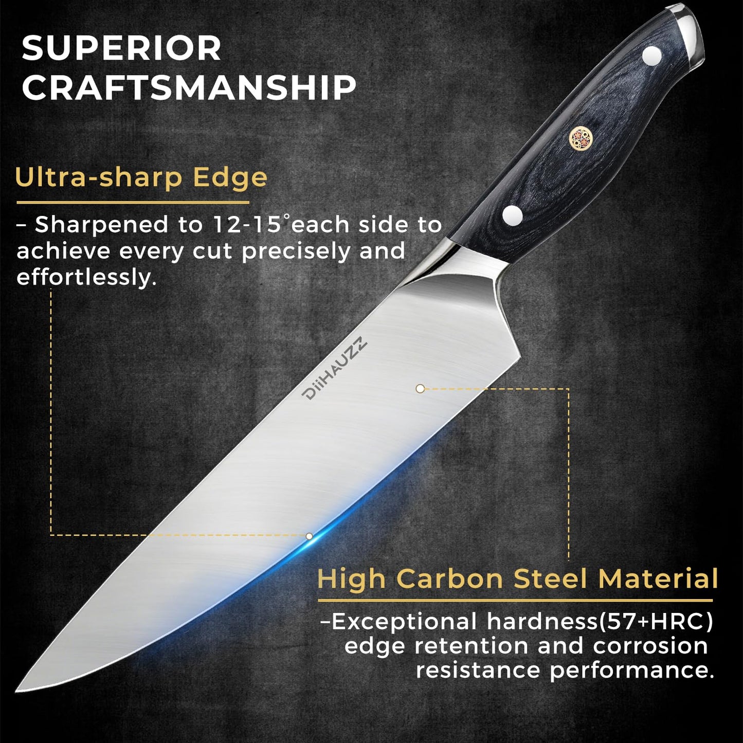 DiiHAUZZ Chef Knife, 8 Inch Ultra Sharp Kitchen Knife, Professional High Carbon Steel Chefs Knife with Full-Tang Ergonomic Handle for Kitchen, Gift Box for Mothers Day Gift
