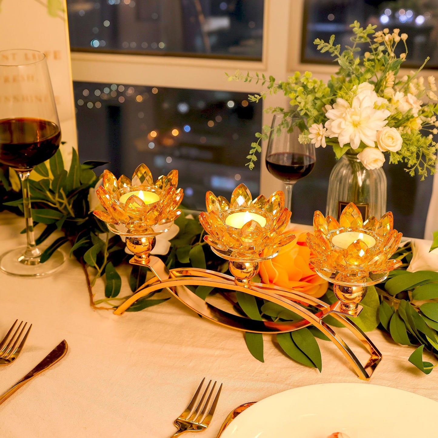 Dounx 5.6" Tall Crystal Candle Holders Lotus Candelabras Gold Arch Candlestick, Centerpiece Table, Home Hecor for Wedding, Dinning Room, Coffee Table, Kitchen, Living Room (26.7cmL, Tealight Candle)
