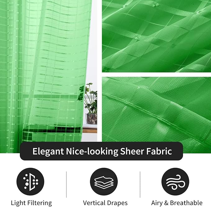 SpaceDresser Check Sheer Curtains 108 Inches 2 Panels Set, Rod Pocket Plaid Window Curtain for Living Room, Green Semi Sheer Drapes for Kitchen Bedroom Children Room Yard（Green, 52W x 108L）