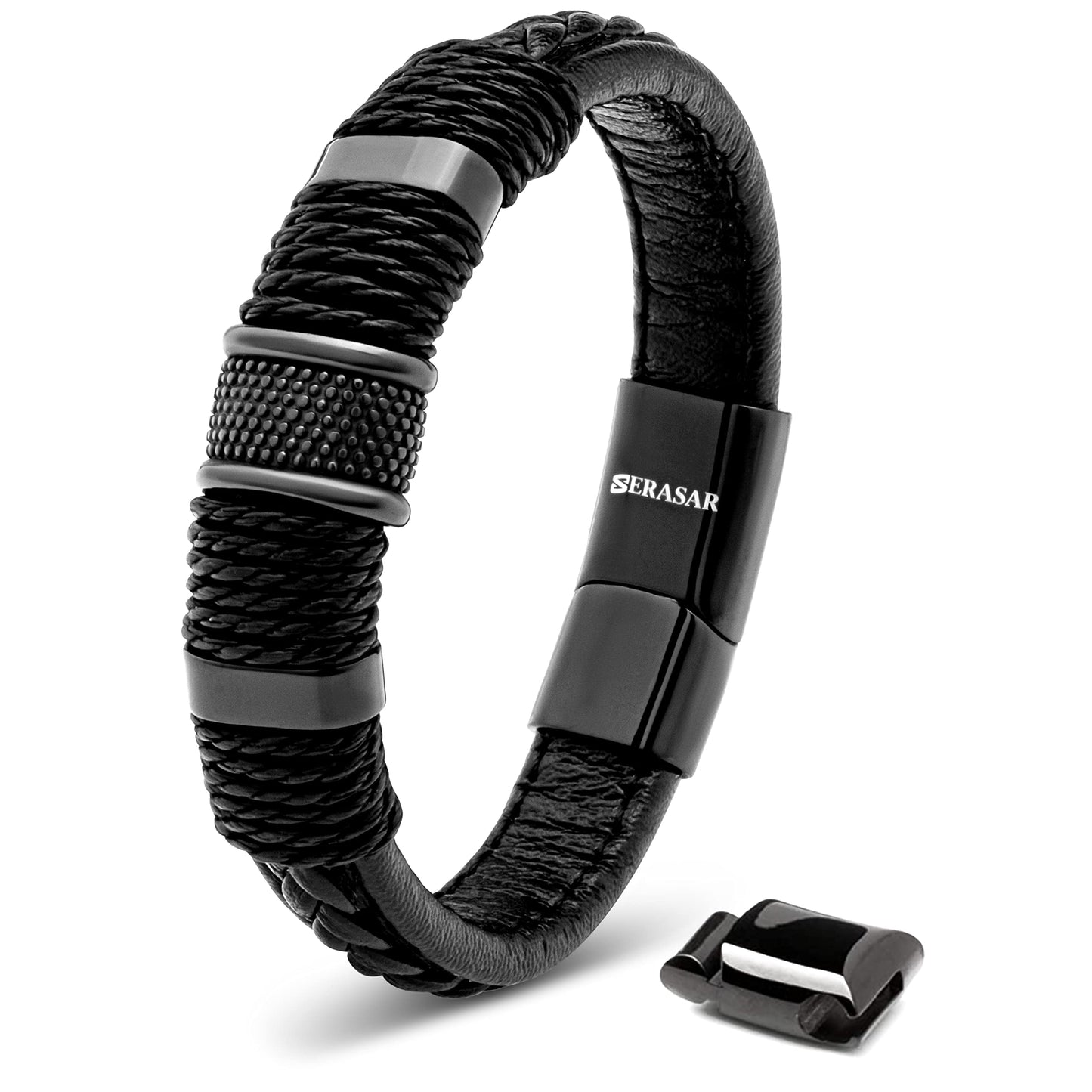 SERASAR Mens Leather Bracelet 20cm Black Men Gift Box Genuine Braided Adjust Able Magnetic Clasp Multi Layer Wrap Rope Man Mans Bracelets Jewelry Magnet Accessories
