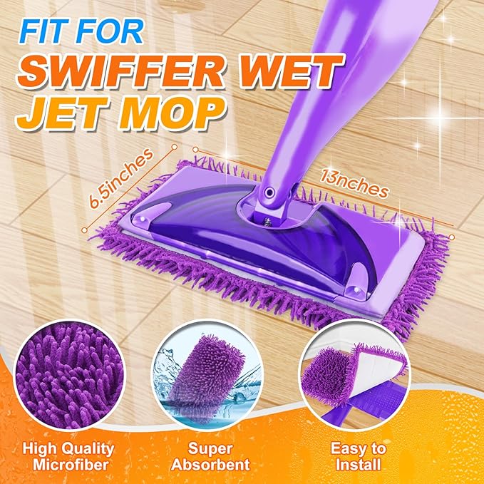 6 Pack Wet Jet Pads Refills for Swiffer WetJet, Washable Reusable Mop Pads for Hardwood Floor Cleaning, Purple(Mop is Not Included)