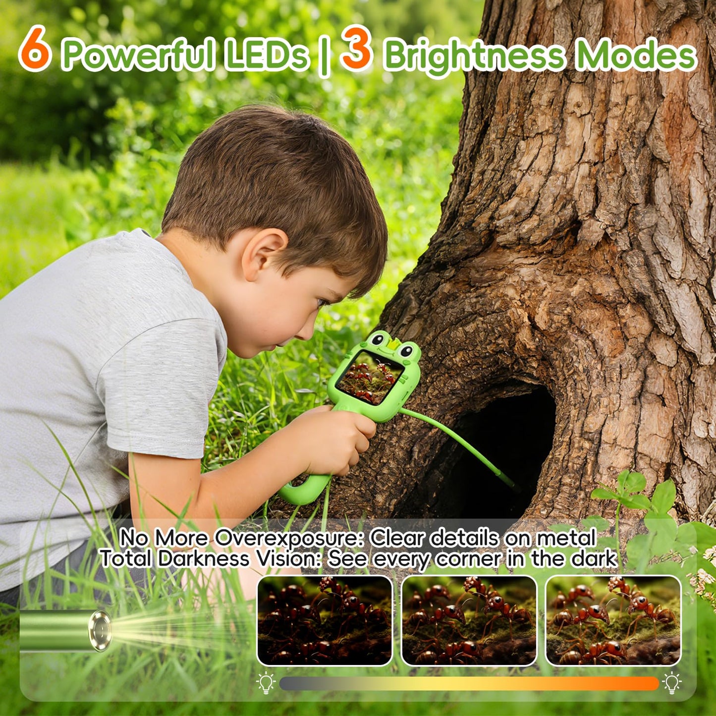 Kids Borescope Camera with Light & 32GB SD Card, STEM Science Educational Toy for 4 5 6 7 8 9 10 Years Old Boy Birthday Gift, Snake Scope Camera with 2.4" Screen for Outdoor Camping Nature Exploration