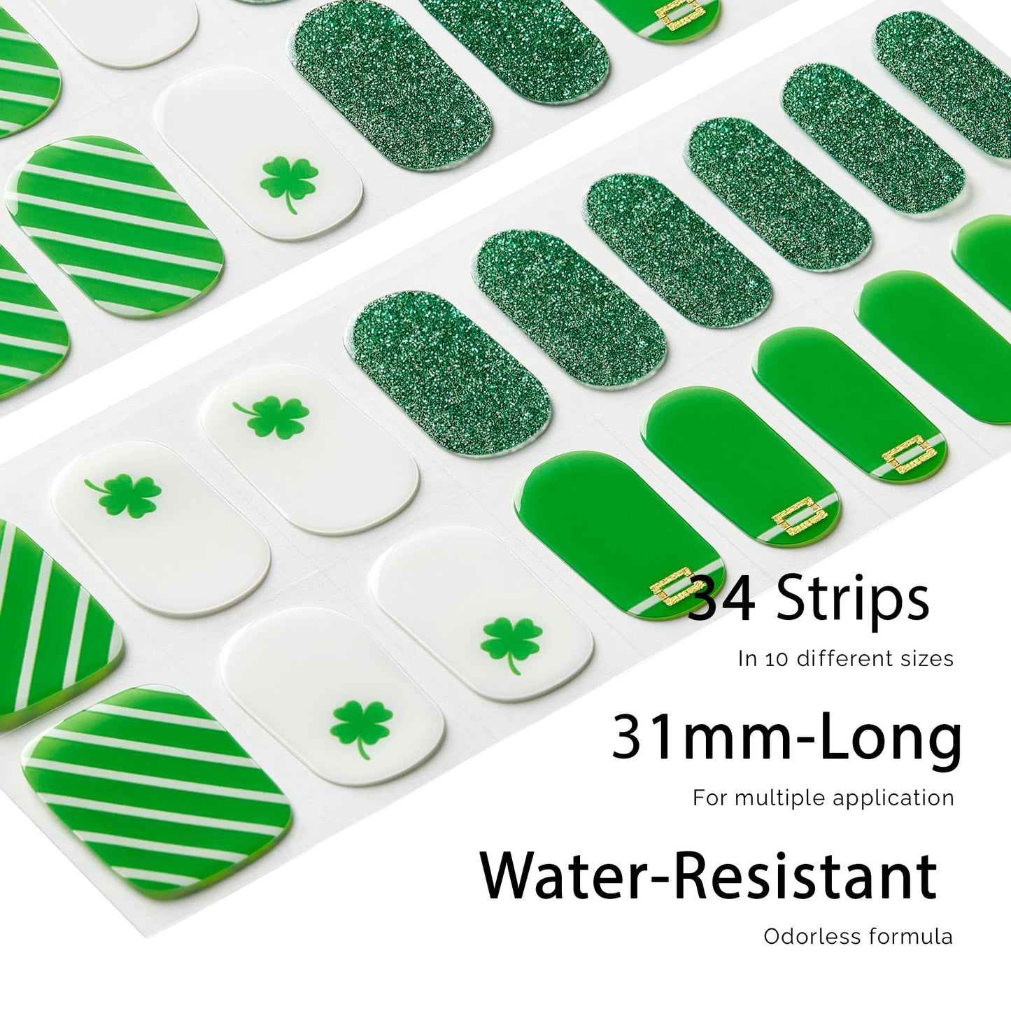 NAILOG Green Semi Cured Gel Nail Strips for St. Patrick's Day, 34pcs Salon-Quality Irish Pride Nail Art Wraps