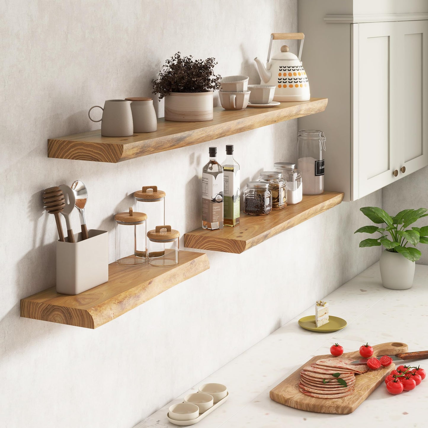 Venusmiles Live Edge Elm Floating Shelves for Wall Decor, Rustic Solid Wood Shelves Wall Mounted with Invisible Bracket for Living Room Bathroom Bedroom Kitchen, 24 Inch Set of 2, Natural