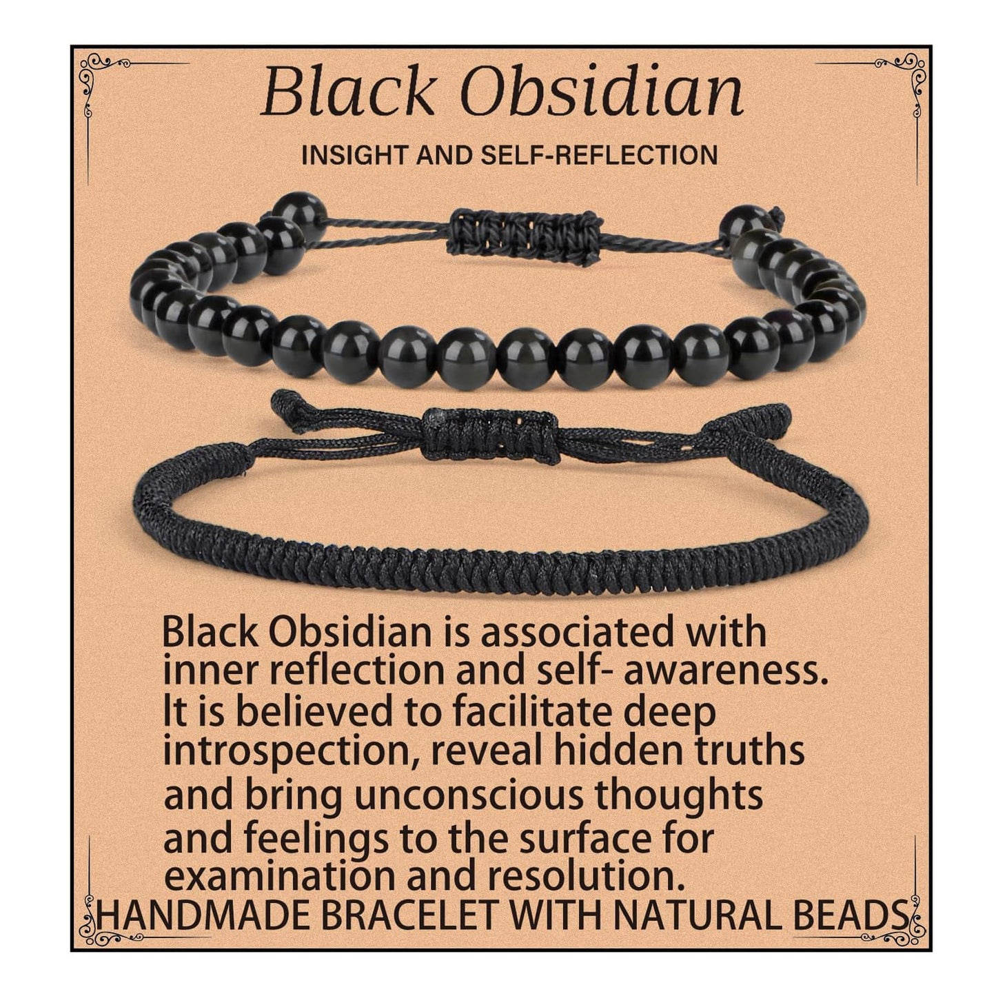 LPBeads 6mm Black Obsidian Bracelet with Handmade Rope Bracelet Size Adjustable Natural Stone Crystal Healing Bracelets Gifts for Unisex Adults