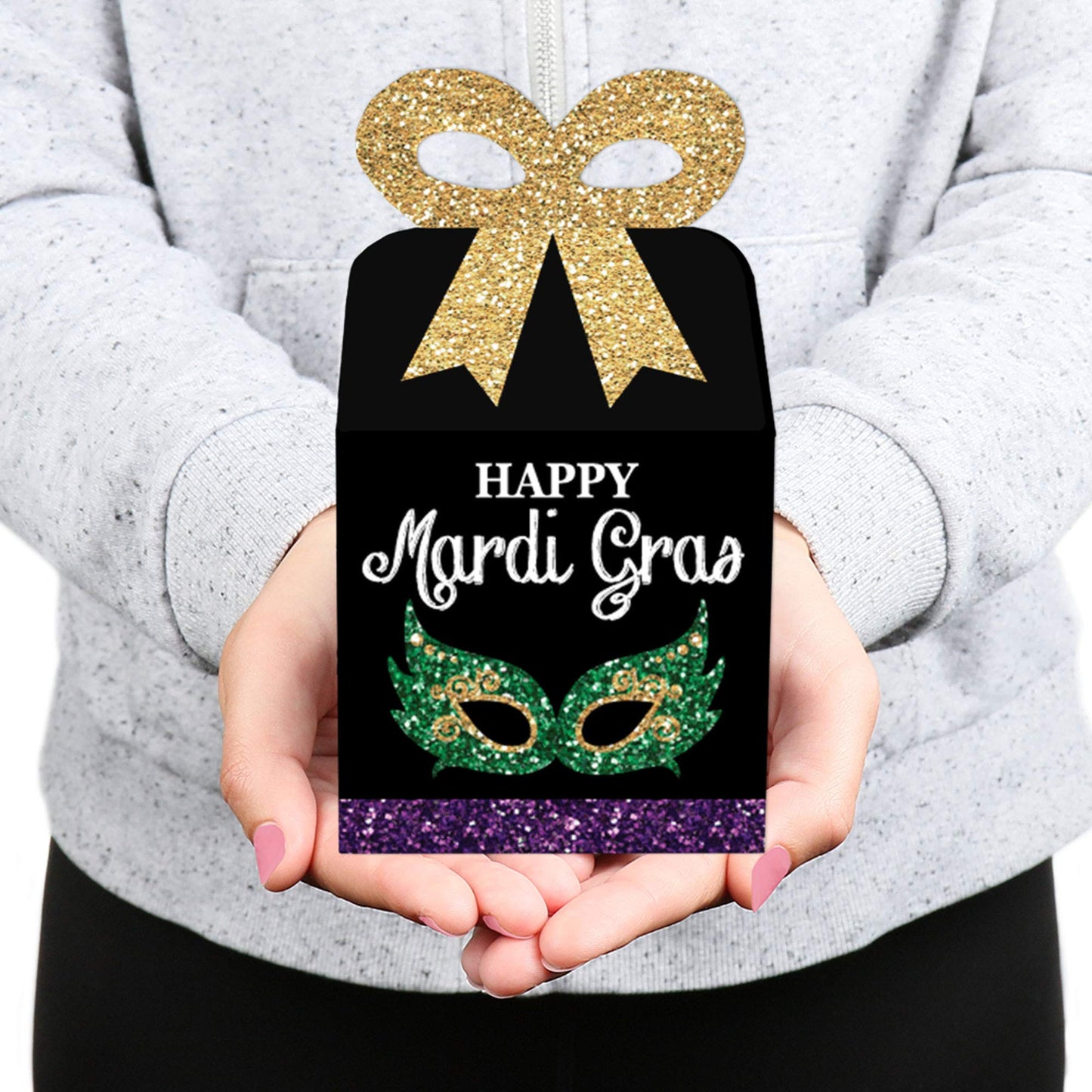 Big Dot of Happiness Mardi Gras - Square Favor Gift Boxes - Masquerade Party Bow Boxes - Set of 12