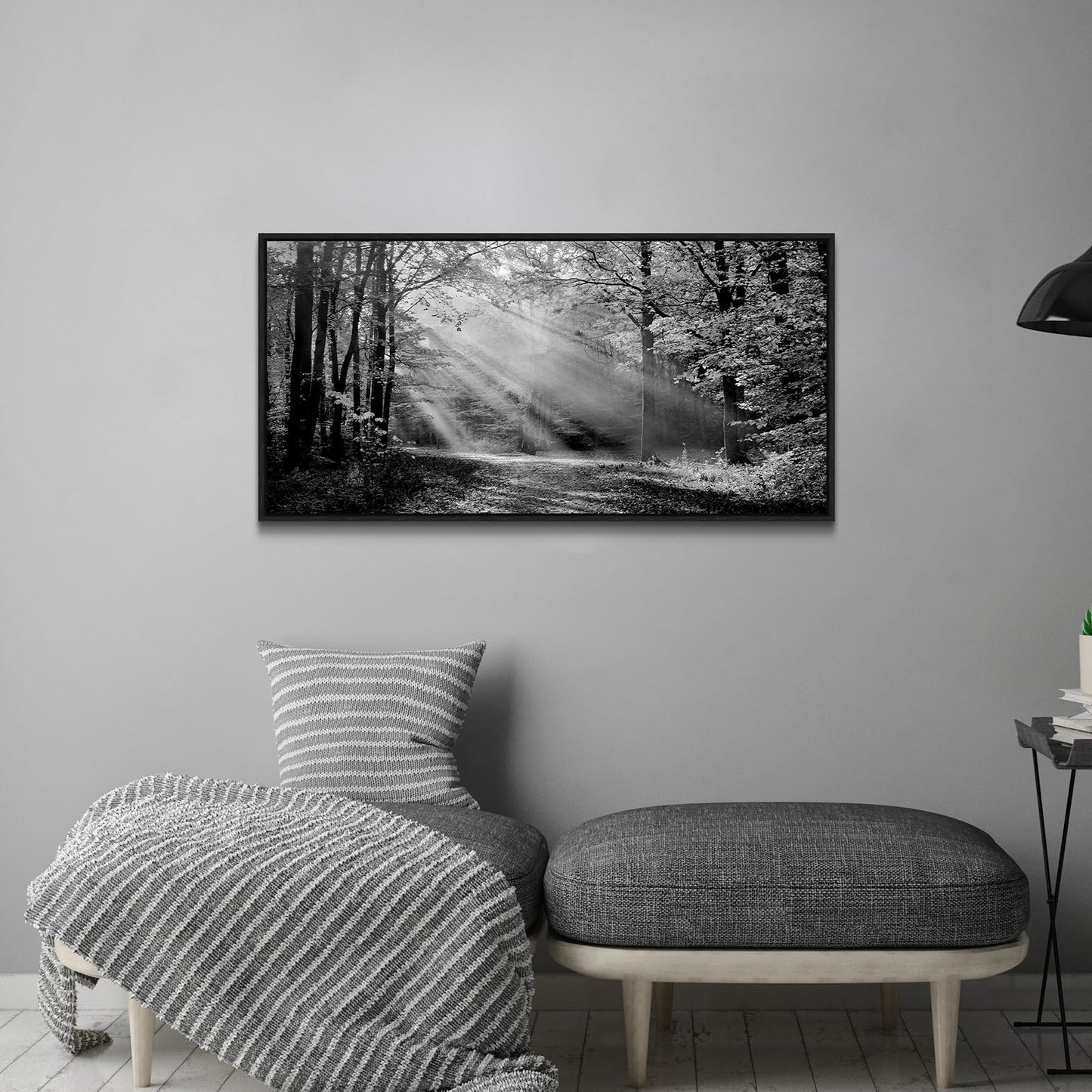 Black White Forest Wall Art - Sunset Landscape Framed Canvas Picture Woodland Painting Nature Tree Scenery Artwork Prints for Bedroom Living Room