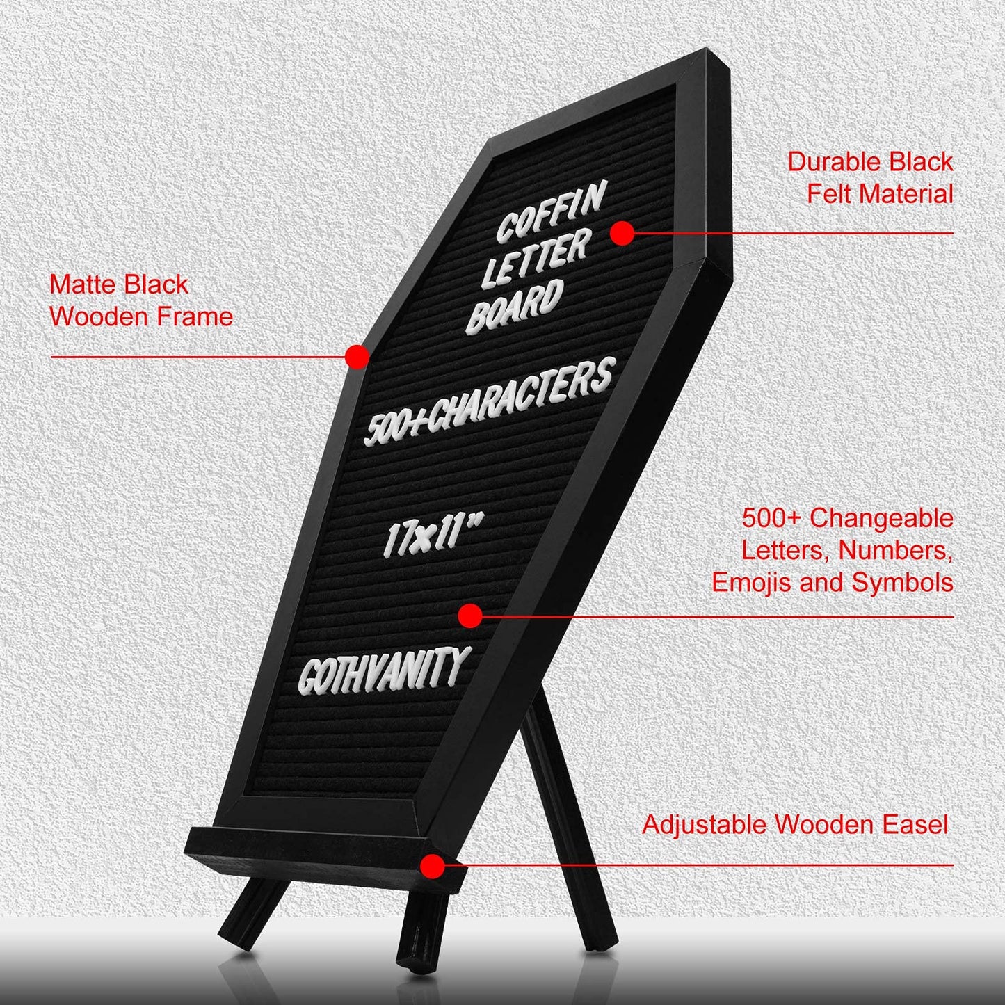 Gothvanity Gothic Coffin Letter Board - 500+ Characters Changeable Black Decor, Wooden 17x11 Inches, Table Top & Wall Mount for Home Office School