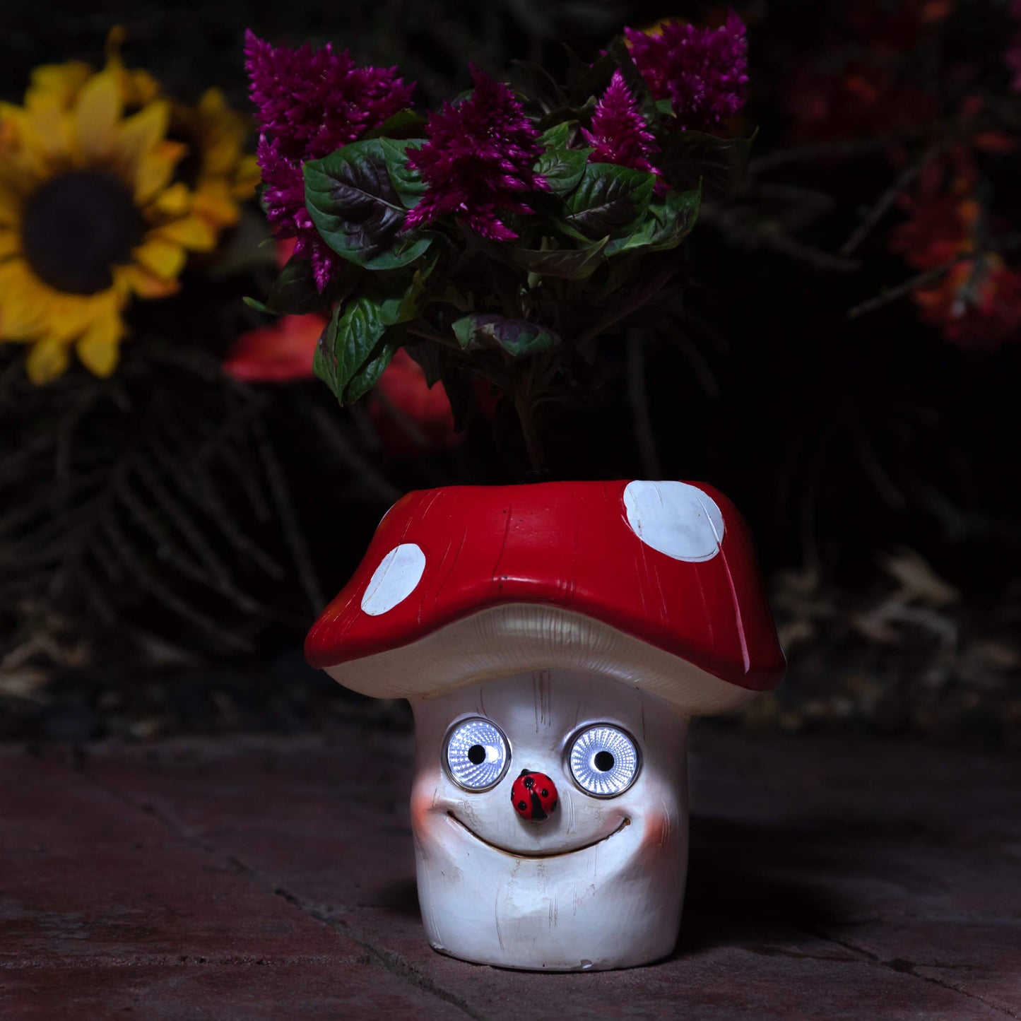 Solar Windowsill Planter - Magic Mushroom Flower Pot Figurine | LED Patio Decor | Indoor Herb Planter Decorative Statue | Garden, Deck or Pool | Great Housewarming Gift Idea