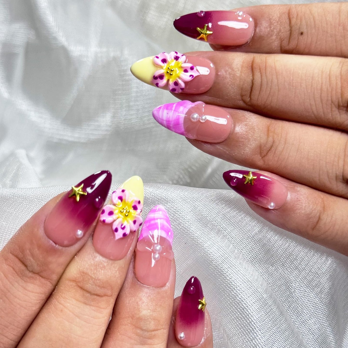 Handmade Press on Nails Wine Red Gradient,French Tip 3D Flower & Pearl Designs,Full Cover Medium Almond Fake Nails,Multi-Layer Gel Acrylic Stick on Nails for Women (10pcs) M SIZE
