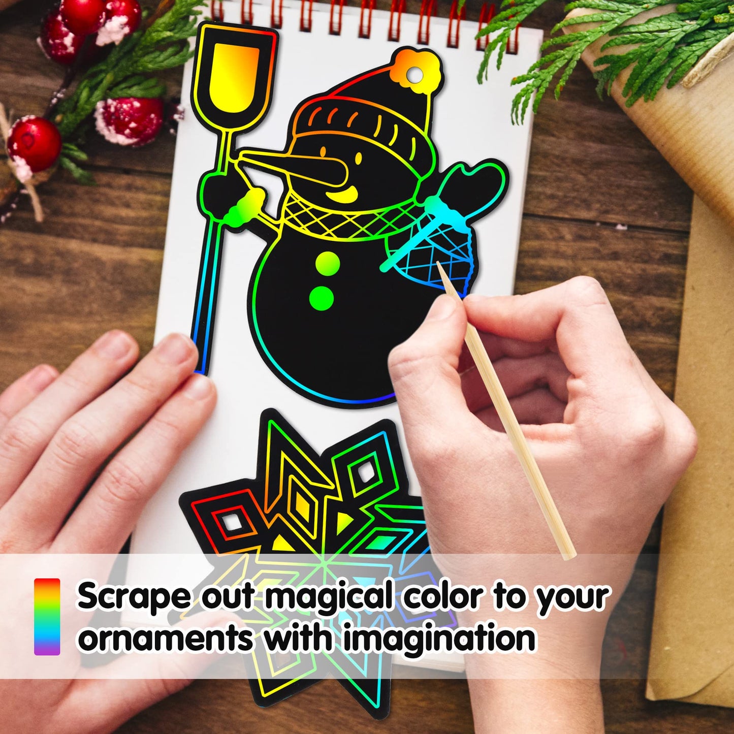 Mocoosy 48 Pcs Christmas Scratch Art Ornaments, Christmas Crafts Kit Bulk for Kids Stocking Stuffers, Rainbow Magic Scratch Paper Cards Xmas DIY Hanging Ornaments for Winter Holiday Decorations