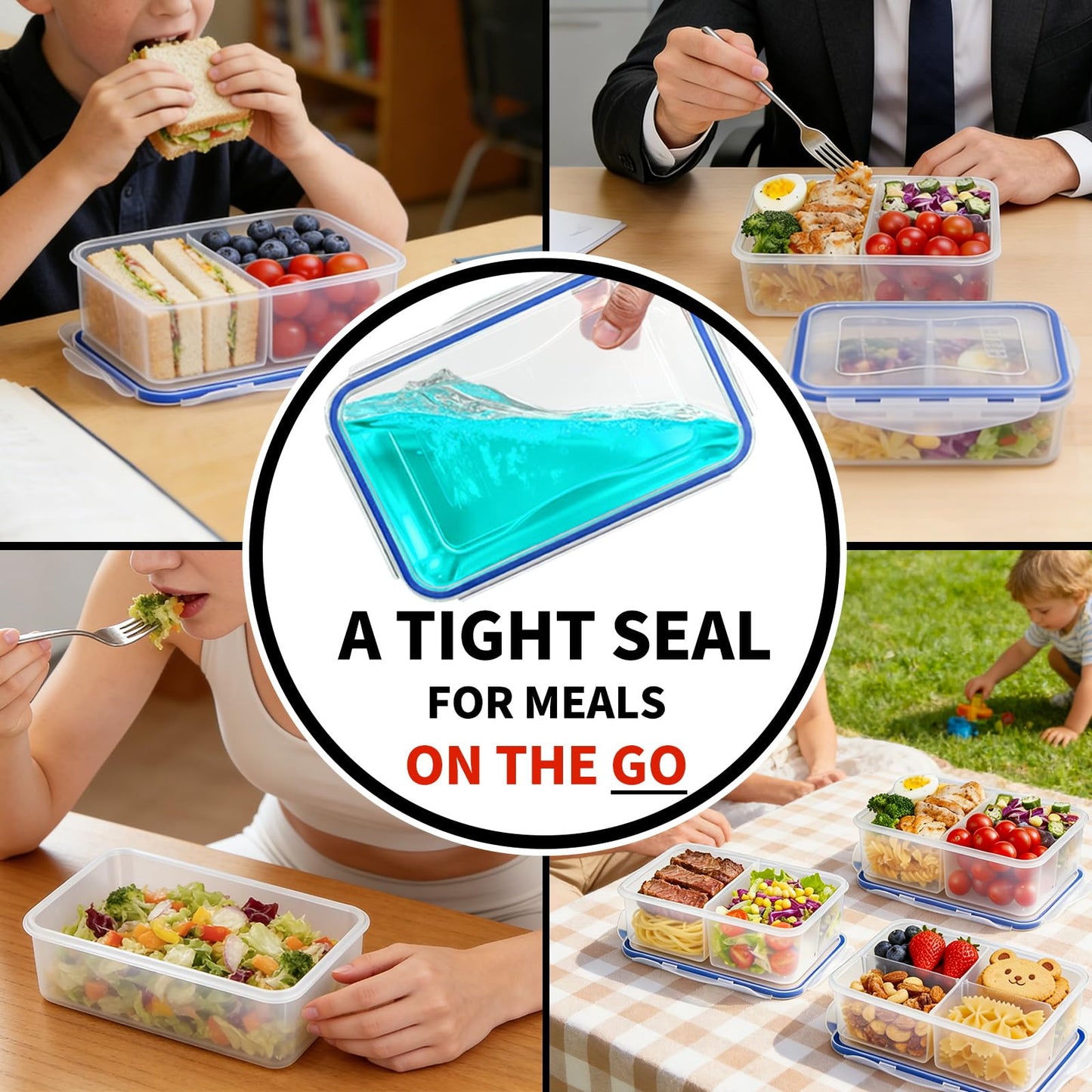 KIGI Meal Prep Containers for Adult Lunch & Snacks, Leak-Proof, BPA-free Plastic, Removable Divided Inserts, Airtight lids, 3 Compartment Food Storage, Microwave Safe, Bento Box, 4.7 Cup, 12 Piece Set