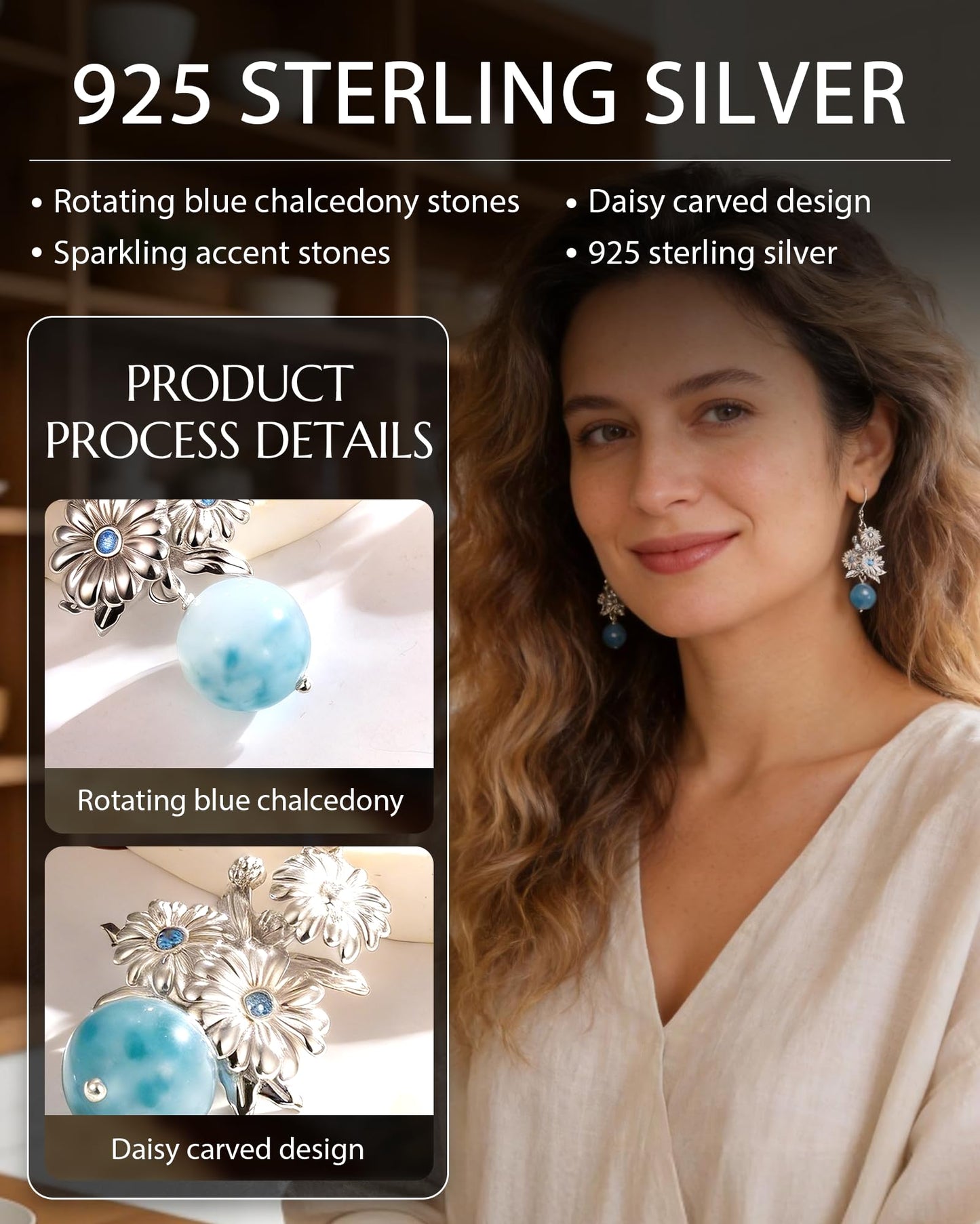 Daisy Dangle Earrings for Women - 925 Sterling Silver Blue Chalcedony Elegant Jewelry Daisy Gifts for Wife Girlfriend