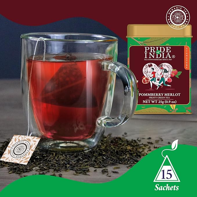 Pride of India | PACK of 6 - PommBerry Merlot Fruity Green Tea | 15 Pyramid Full Leaf Individually Wrapped Tea Bags | Tangy & Fruity Flavor | Vibrant & Uplifting Experience | Caffeine Free