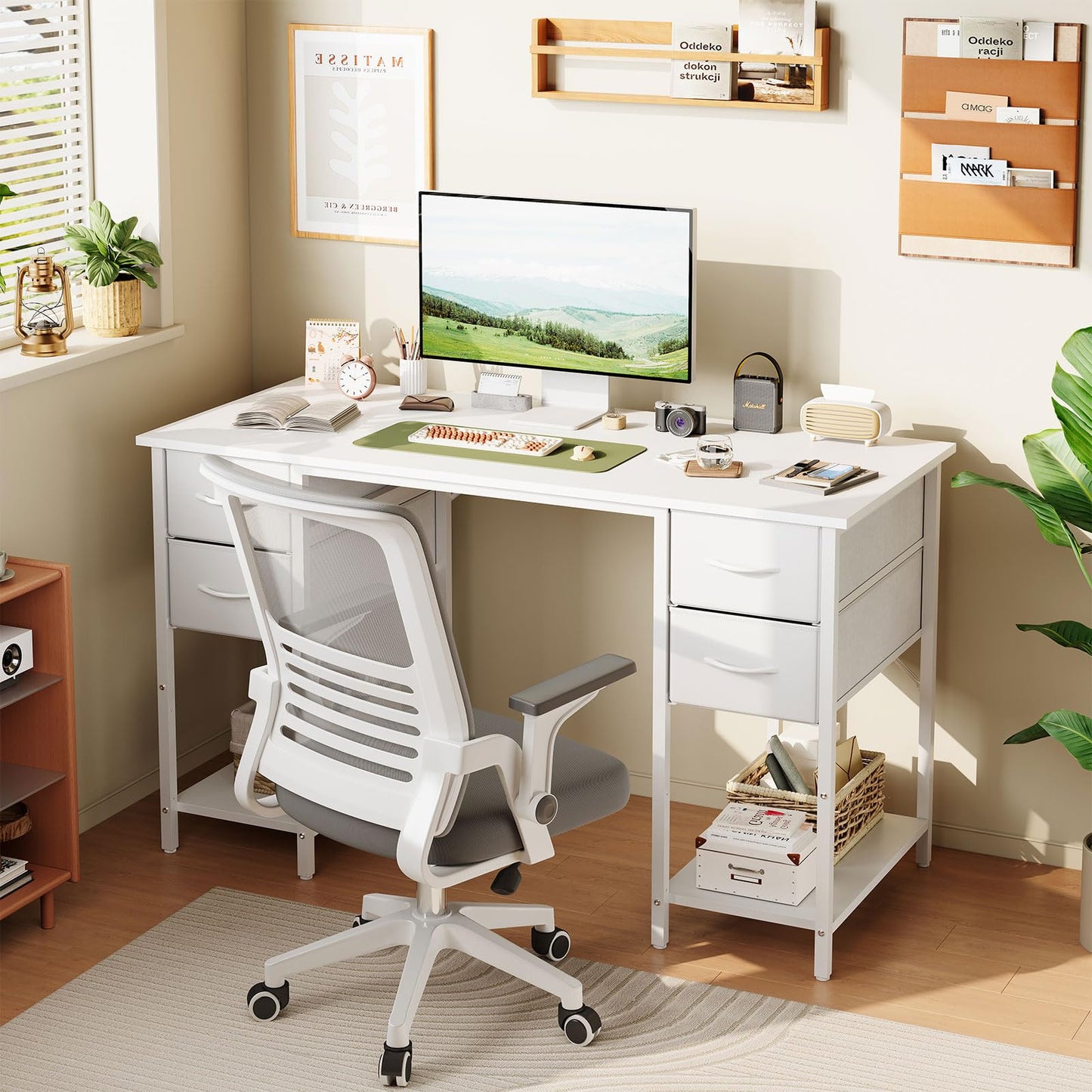 Grandder Computer Desk with 4 Drawers, 47 Inch Office Table with Storage, Gaming with CPU Shelves, Writing Desk Workstation for Home Office, Study, Bedroom, Work from Home, White
