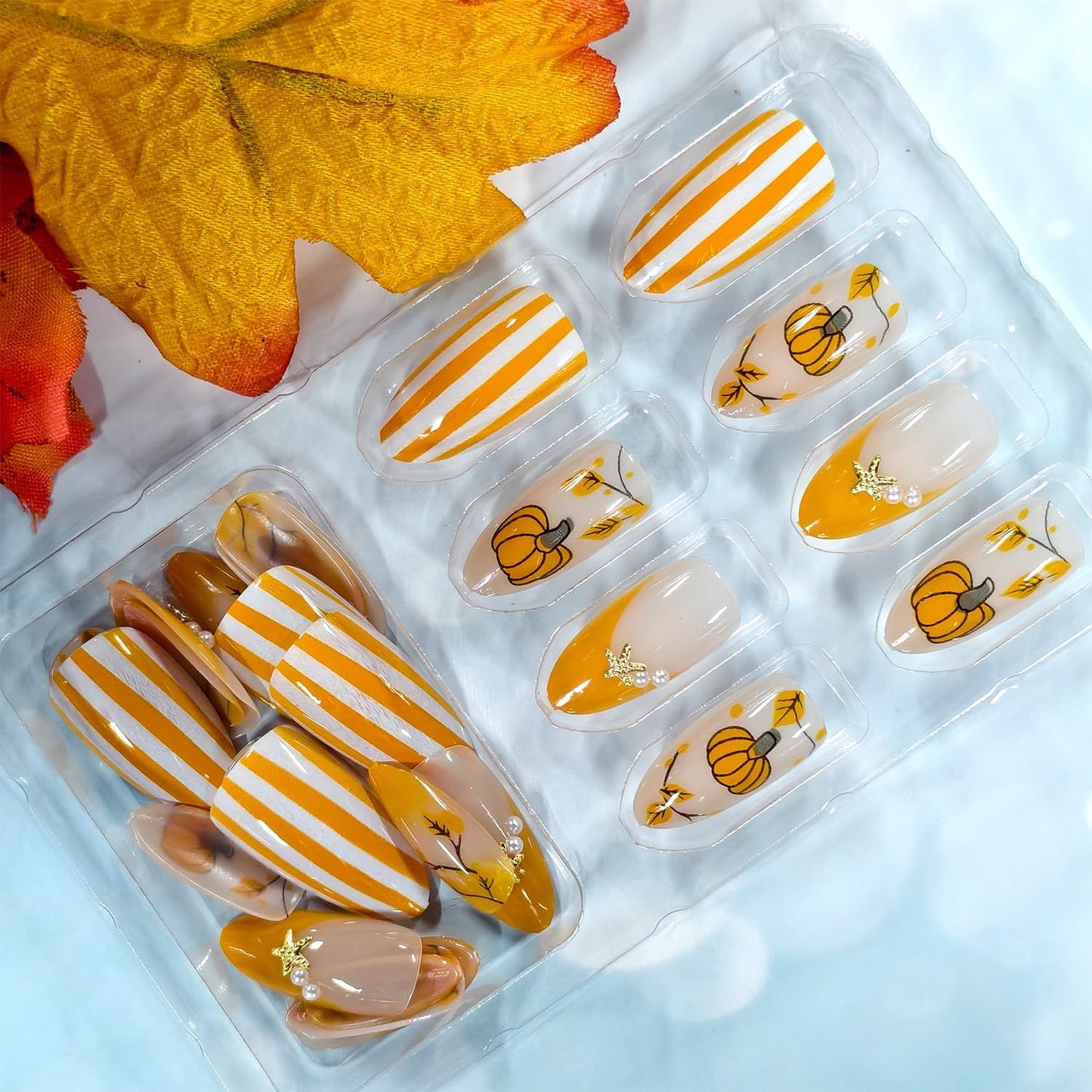 CJDLTS 30Pcs Thanksgiving Press on Nails Medium Almond Maple Leaf Artificial Acrylic Fake Nail Pumpkin with Starfish Pearl Stick on Nail Full Cover Autumn Artificial Fingernails for Women Manicure