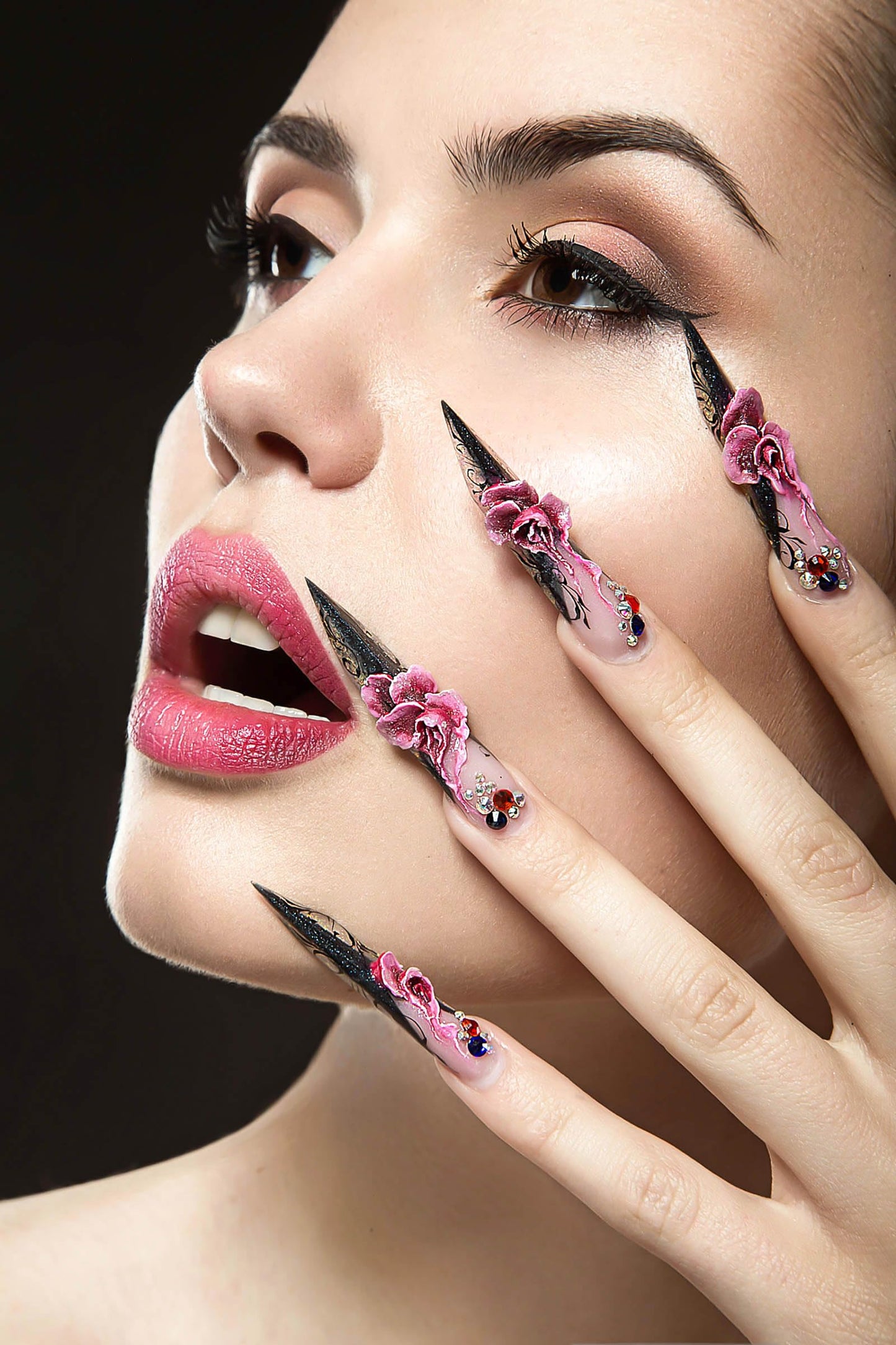RUOKEXIN Long Almond Press on Nails French Tip Fake Nails Brown False Nails with 3D Flower Designs Stiletto Nail Press ons Sparkly Artificial Nails for Women 30Pcs