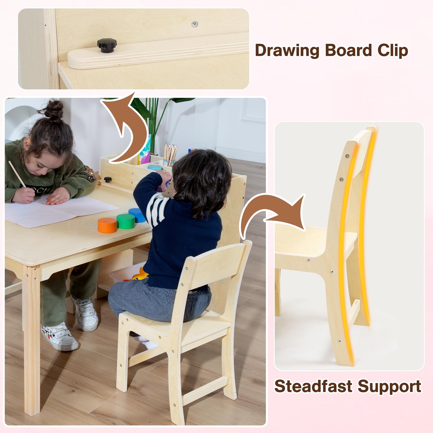 bbgroundgrm Kids Art Table and Chair Set, Birch Wooden Activity Craft Table, Kids Drawing Table, Toddler Desk with Storage and 1 Chair