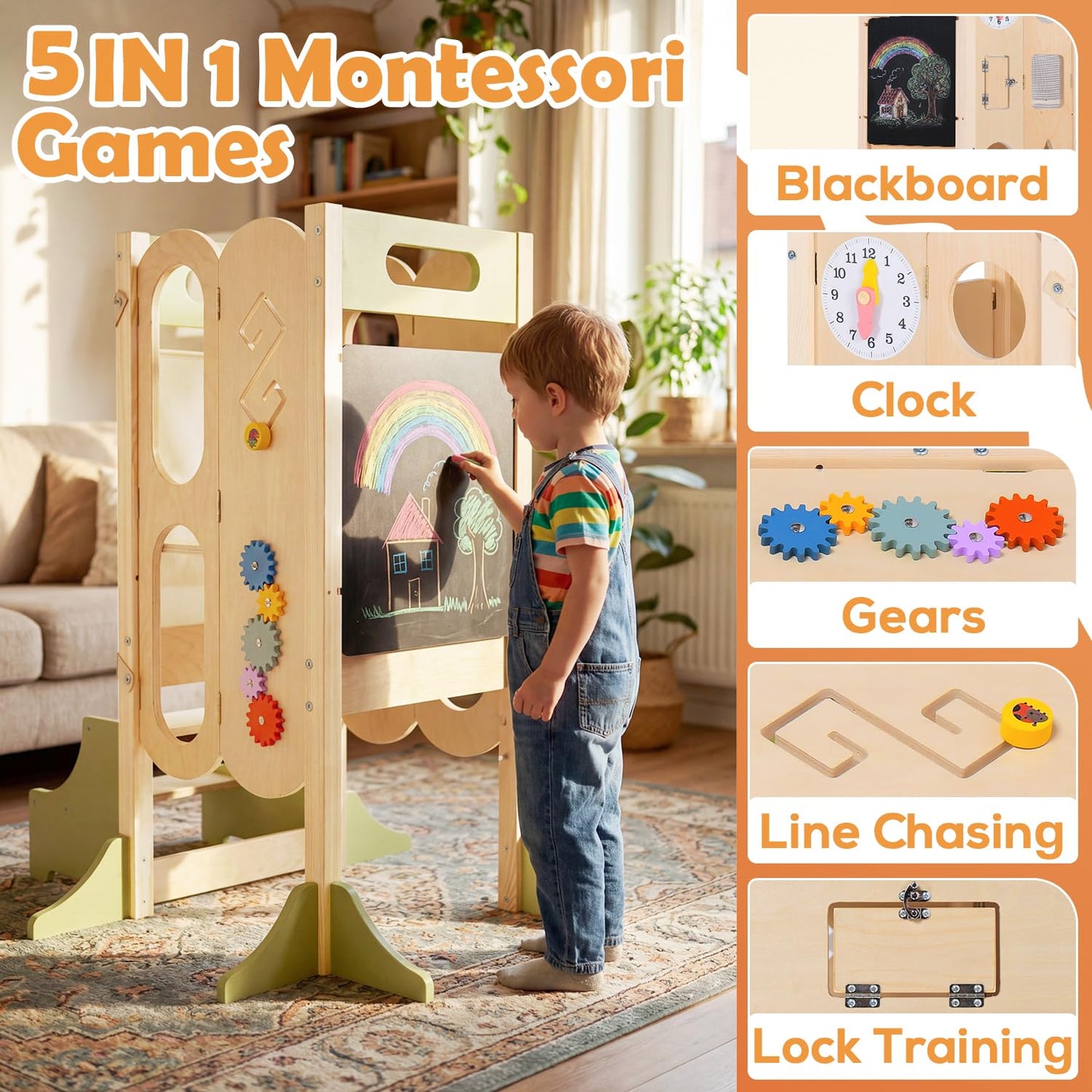 XYMERO 6 in 1 Toddler Tower with Removable Ladder, Foldable Wooden Kitchen Step Stool for Kids, Adjustable Children Helper Tower for Baby, Standing Tower with Safety Equipment and Black Board
