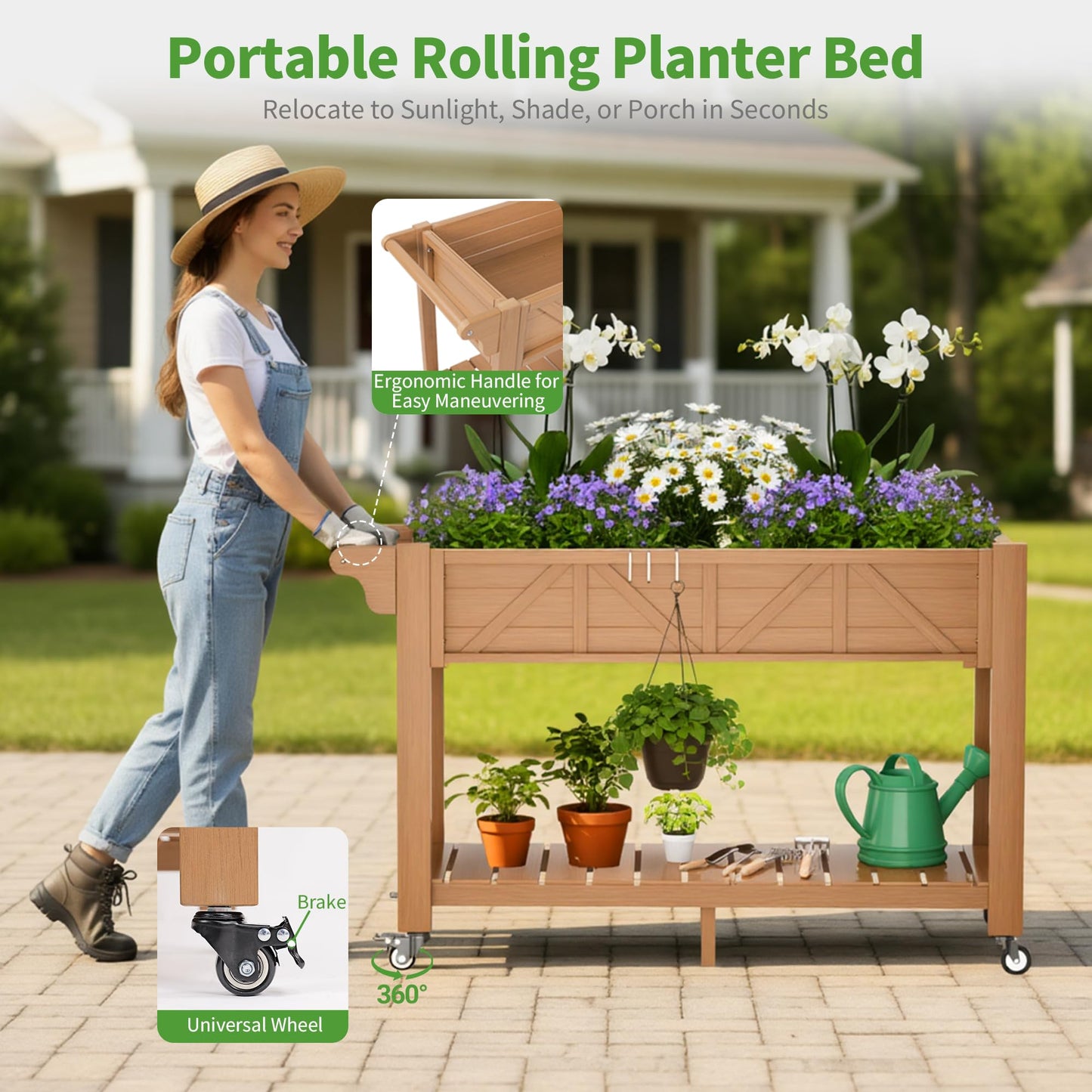 HIPS All-Weather Raised Garden Bed with Legs,47.2"L x 17.3"W x 29.7"H Large Elevated Planter Box with Wheels & Handle,Raised Bed Planters with 3 Hooks & Non-Woven Liner for Vegetables Flower Herb