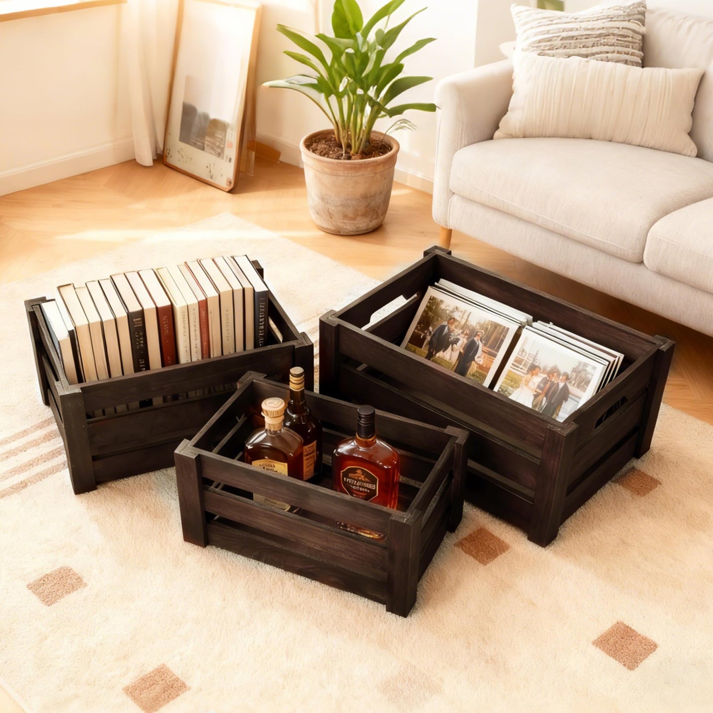 HFYFYXGS Wooden Crates for Storage and Display - Set of 3 Heavy Duty Nesting Wood Crates, Rustic Farmhouse Decorative Storage Boxes for Shelves, Pantry & Home Organization (L/M/S)