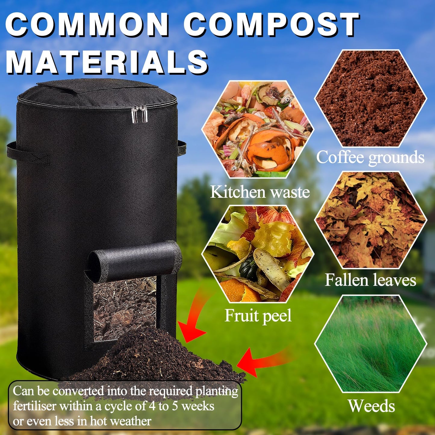 Compost Bins Outdoor with Observation Windows, 34 Gallon Reusable Home Compost Bucket for Outside Garden, Backyard, Heavy Duty Nonwoven Fabric Yard Waste Bag (1 Pack, Black)