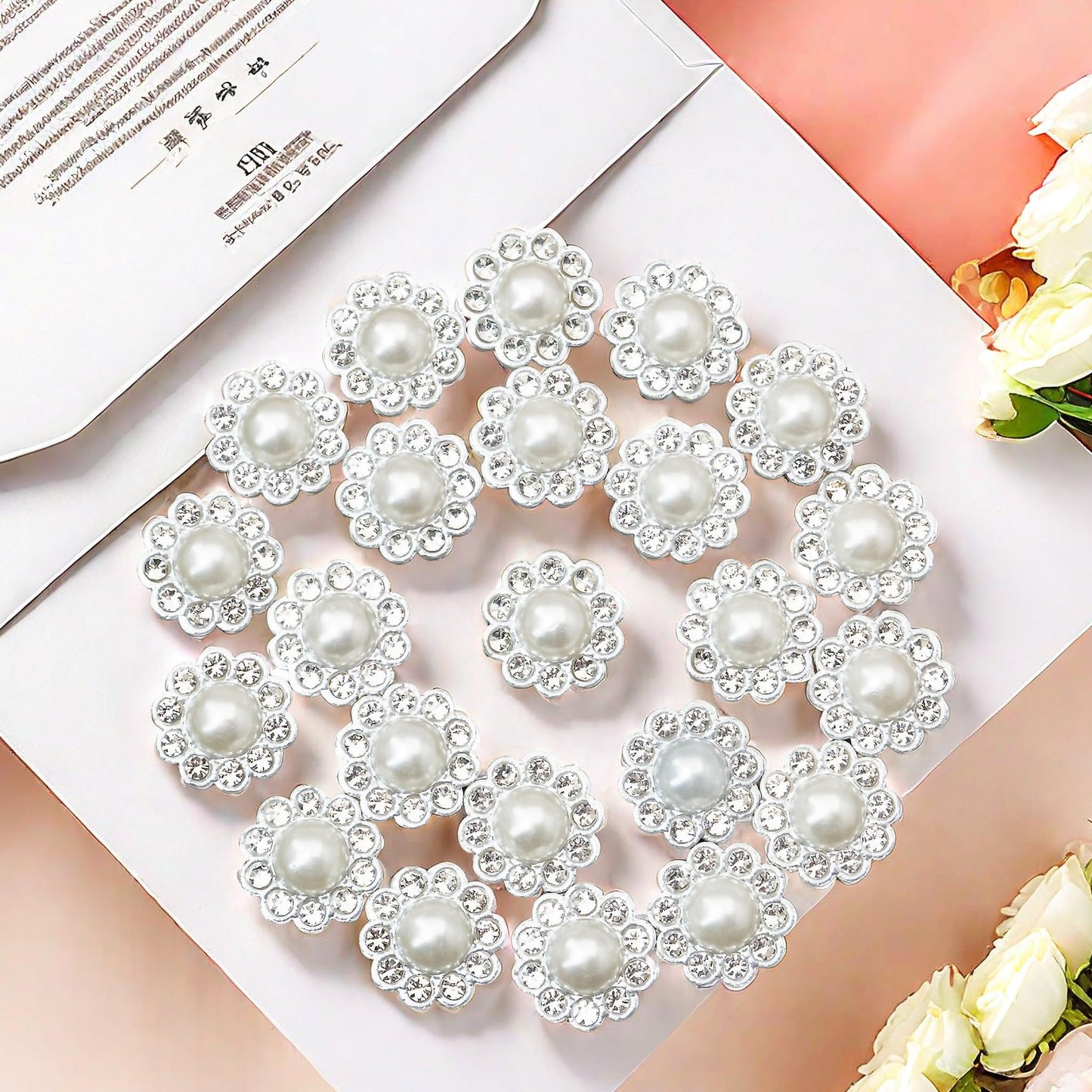 100 pcs Rhinestone Faux Pearl Buttons Accessory Decoration Craft for DIY Scrapbooking Embellishments Wedding Bouquet Flower Centre Home Decor 14mm (100 PCS Silver)