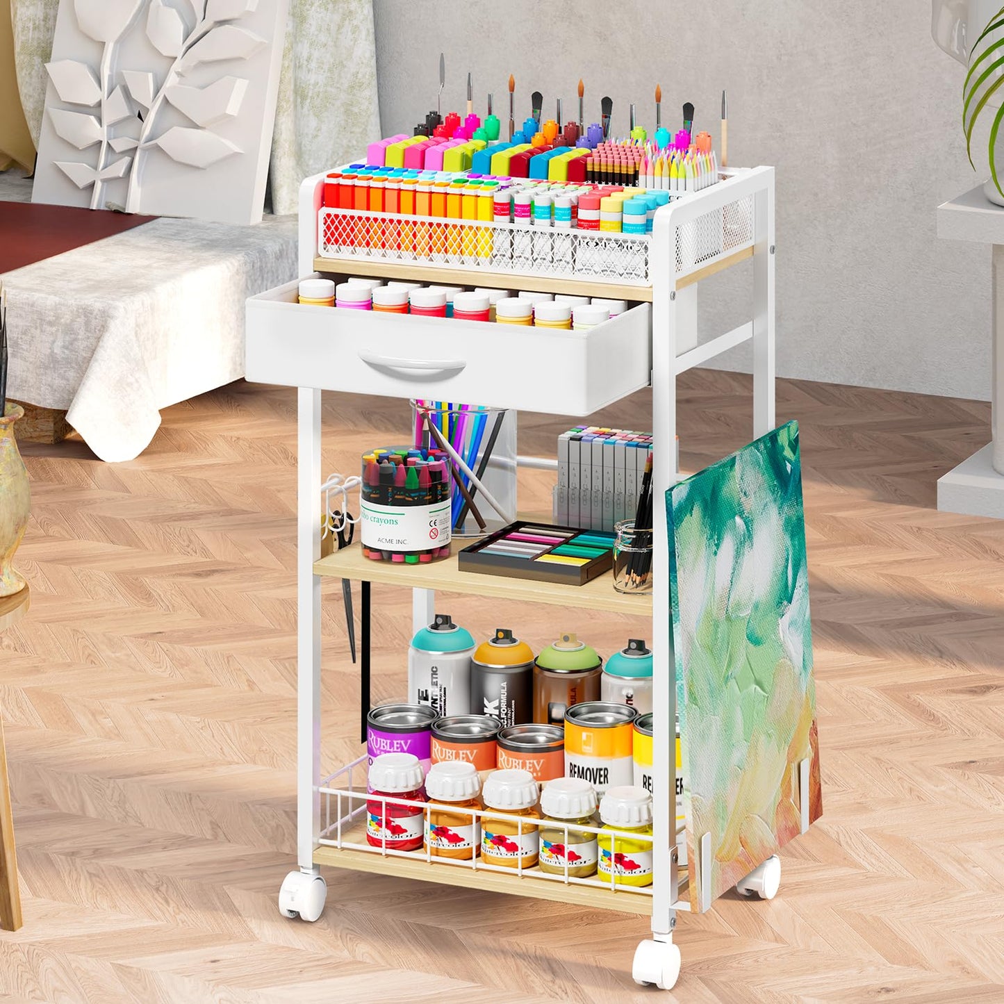 Homsorout 3 Tier Rolling Cart - Metal Utility Cart with Storage Drawer and Wheels, Versatile Art & Craft Organizer for Home, Office, or Studio Ideal for Storing Brushes, Paints, and Supplies White