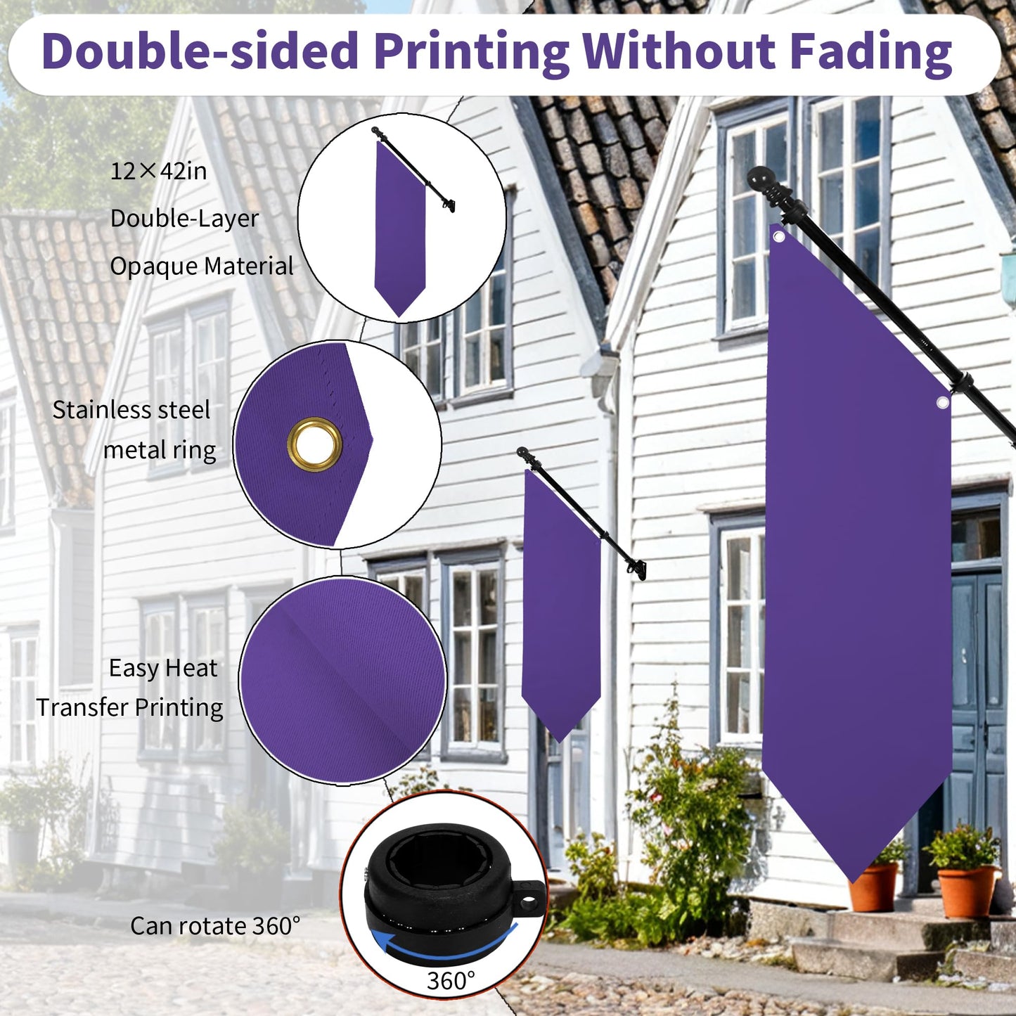 Farm Stand Blank Flag with Pole Kit, 12x42 Inch Double-Layer Heavy-Duty 300D Polyester Banner, DIY Custom Sublimation Vinyl Flag for Garden, Yard, Events, or Outdoor Commercial Display (Purple)