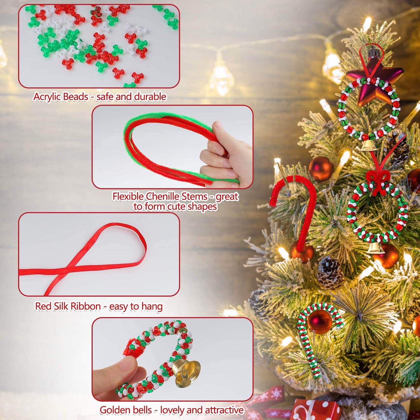 YBB 1780 Pcs Christmas Tri-Shaped Beads Ornament Kit with 30 Golden Bells 50 Chenille Stems and 10m Red Ribbon for Christmas Tree Candy Cane Wreath DIY Hanging Decoration