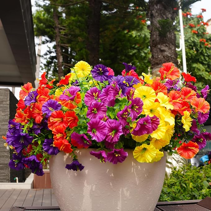 Artificial Flowers for Outdoors, UV Resistant Fake Silk Morning Glory, Realistic Faux Plants for Outside Porch Patio Window Box Hanging Planter (16, Purple Fuchsia Yellow Orange)