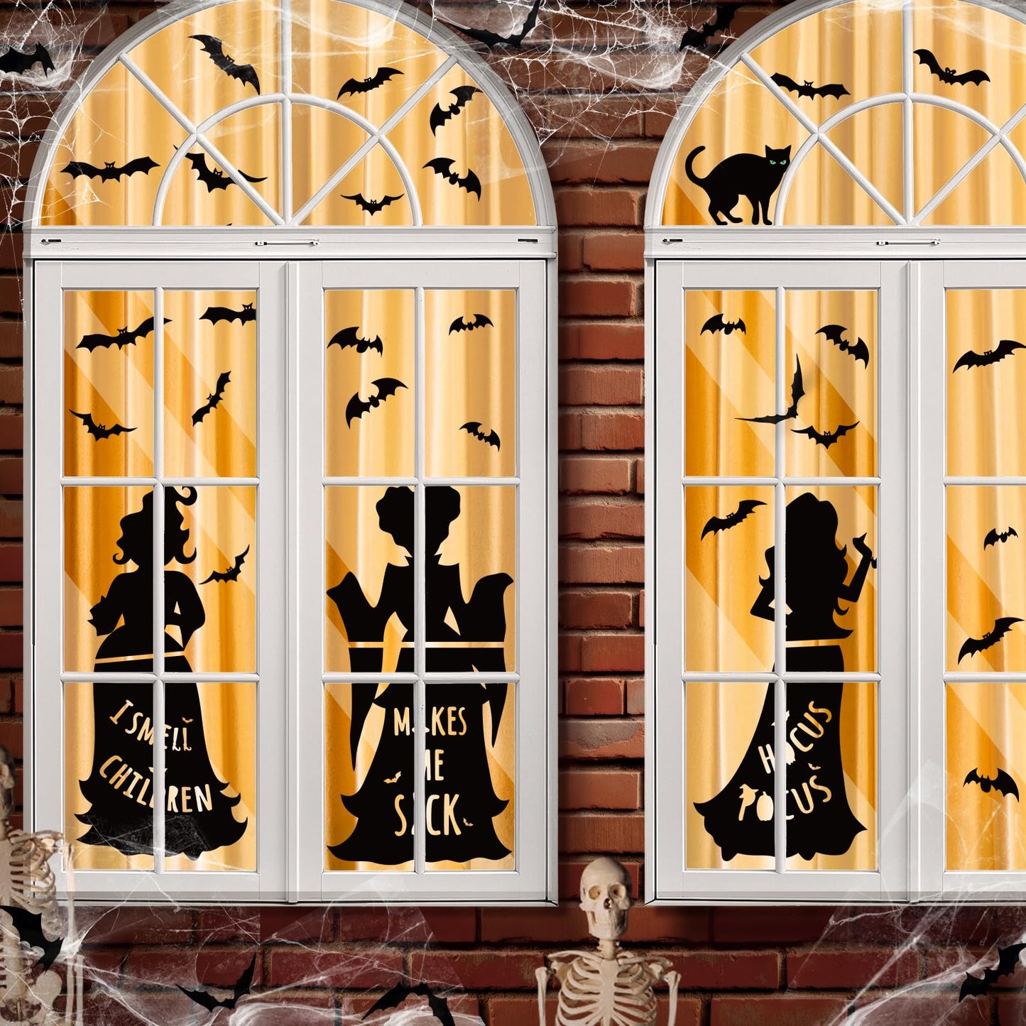 Halloween Window Decals Black Cat Bat Witch Silhouette Reusable Waterproof Static Clings for Glass Home Party Decor 35.4 x 6.9 inch