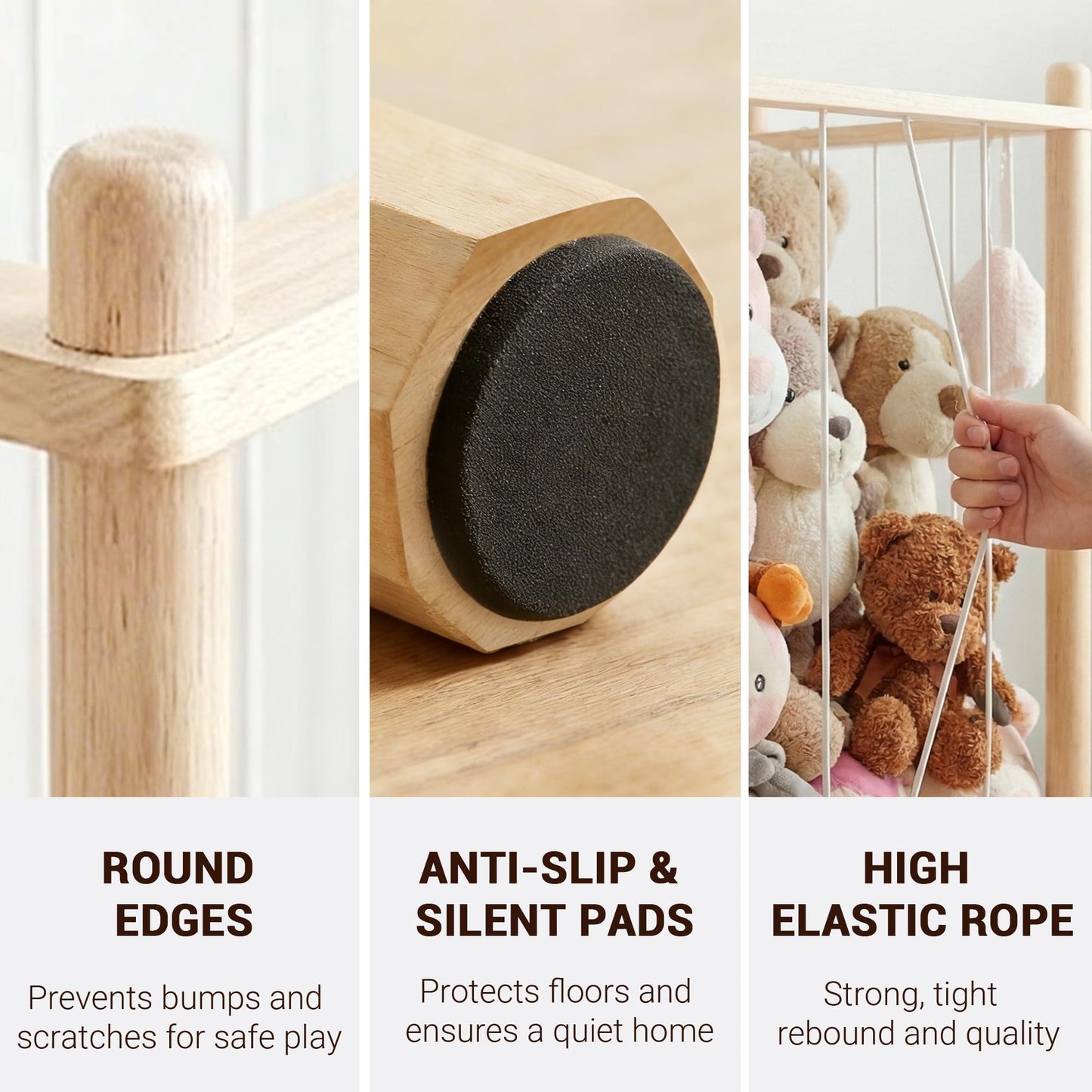KiddoCood Kids CPC & TIC Certified Stuffed Animal Storage - 3-Tier Natural Solid Wood Plush Toy Organizer & Holder, Corner Solution for Playroom & Nursery, BPA-Free & Zero Glue