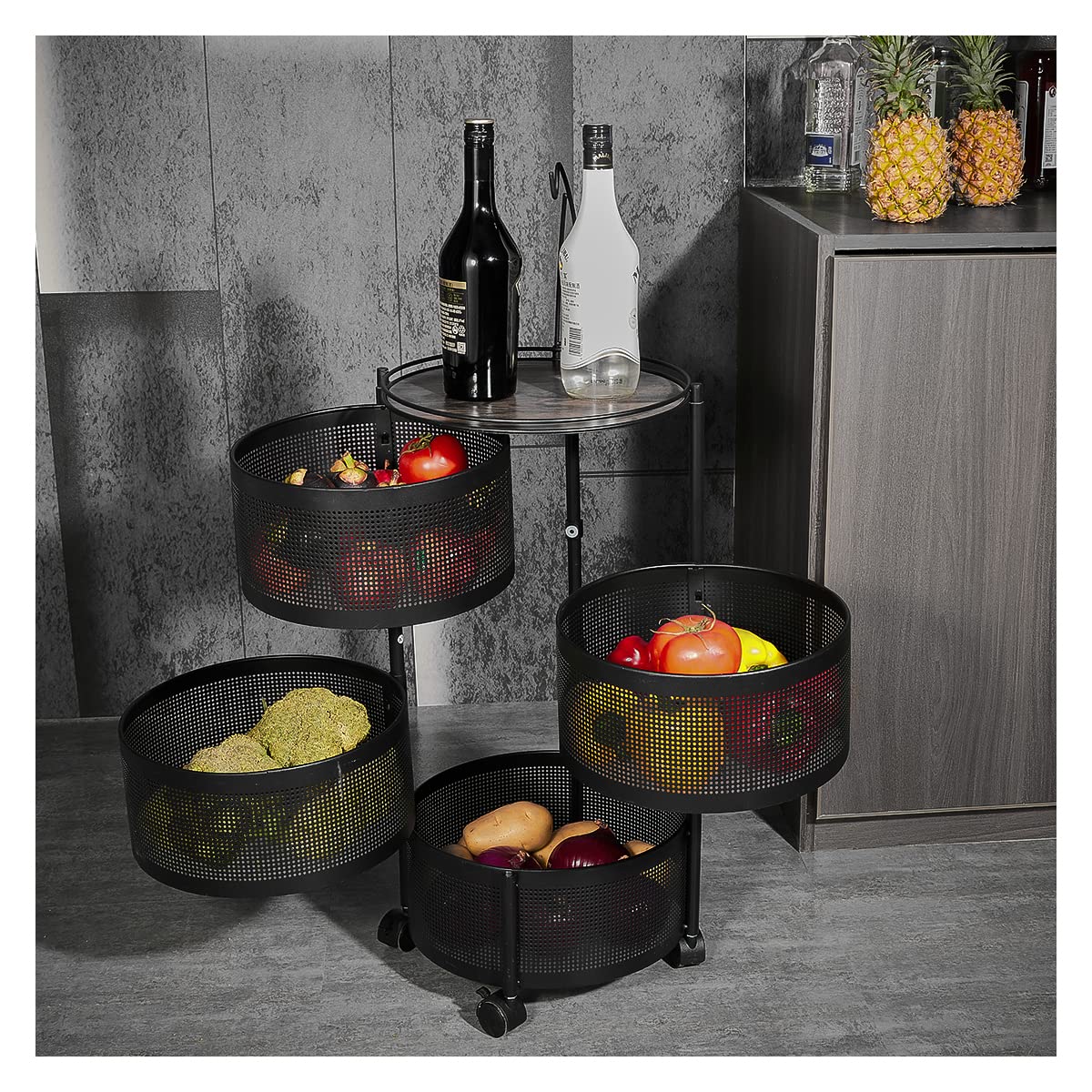 HOYRR Rotating Storage Rack for Kitchen, 4 Tier Fruit and Vegetable Storage for Kitchen Rotating Storages Rack with Wheels, Cart Space Saver Potatoes Fruit Basket, Black
