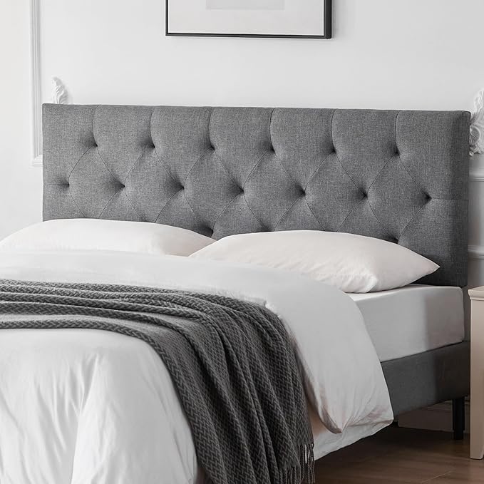 Linen Upholstered Headboard Queen Size, Modern Diamond Tufting Solid Wood Queen Headboard Only, Adjustable Height from 37” to 51” Head Board, Bed Frame or Wall Mount Headboards, Light Grey