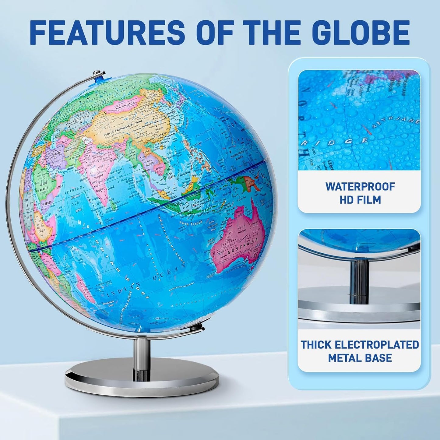 BSHAPPLUS 13 inch World Globe for Kids Large Educational Classroom Globe with Rewritable Surface and Sturdy Metal Base HD Waterproof Map for Learning