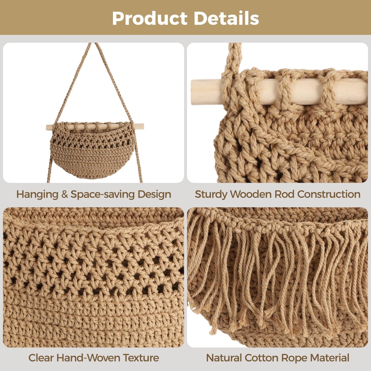 2 Pcs 3 Tier Hanging Fruit Basket for Kitchen - Natural Cotton Rope Wall Storage Baskets, 35.4 Inch Long Hanging Produce Organizer, Decorative Bohemian Style Kitchen Decor