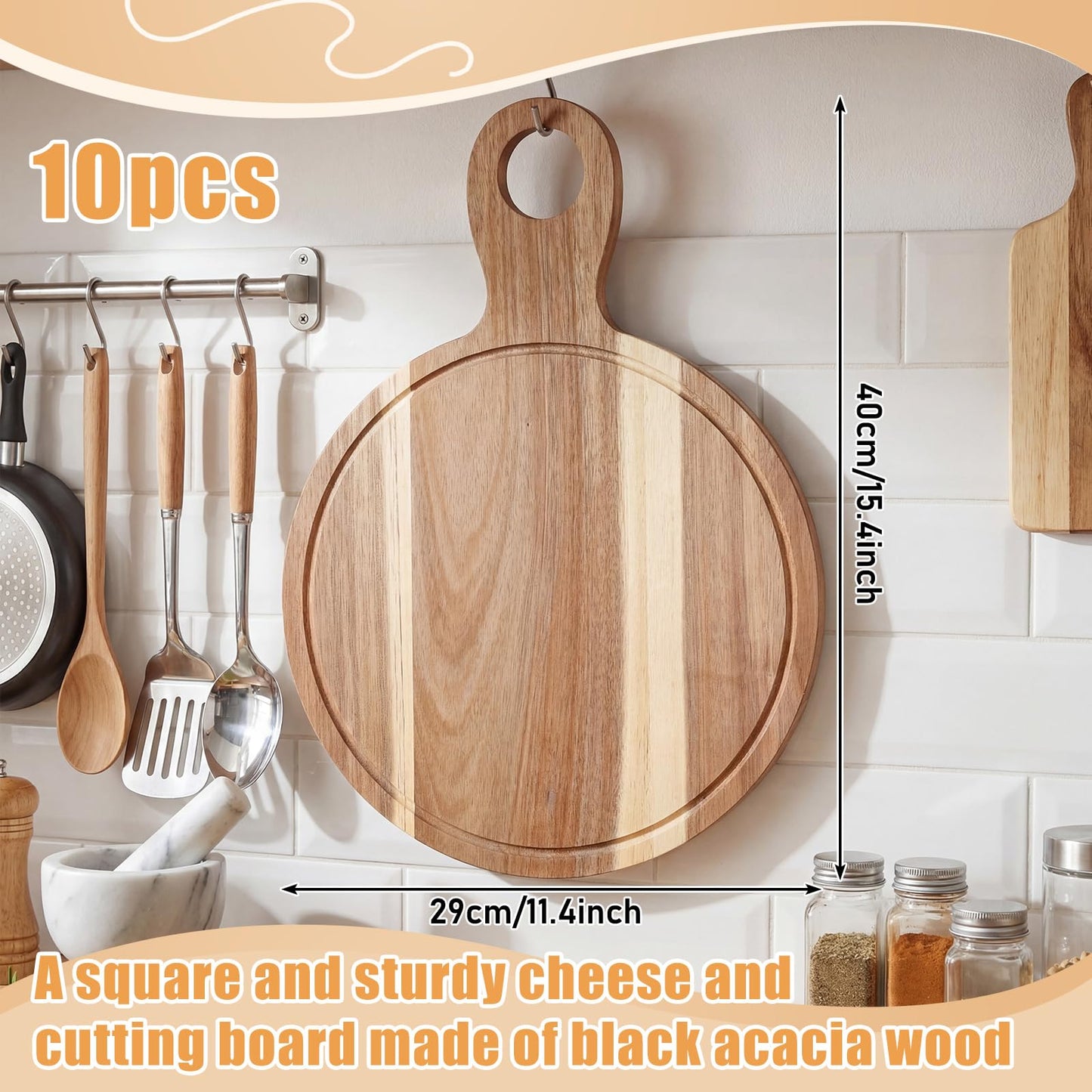 Yiyiring 10 Pcs Acacia Wood Cutting Board with Handle Bulk 15.8 x 11.4'' Round Charcuterie Chopping Board for Pizza Cheese Meat Decorative Natural Wooden Serving Tray for Kitchen and Dining Room