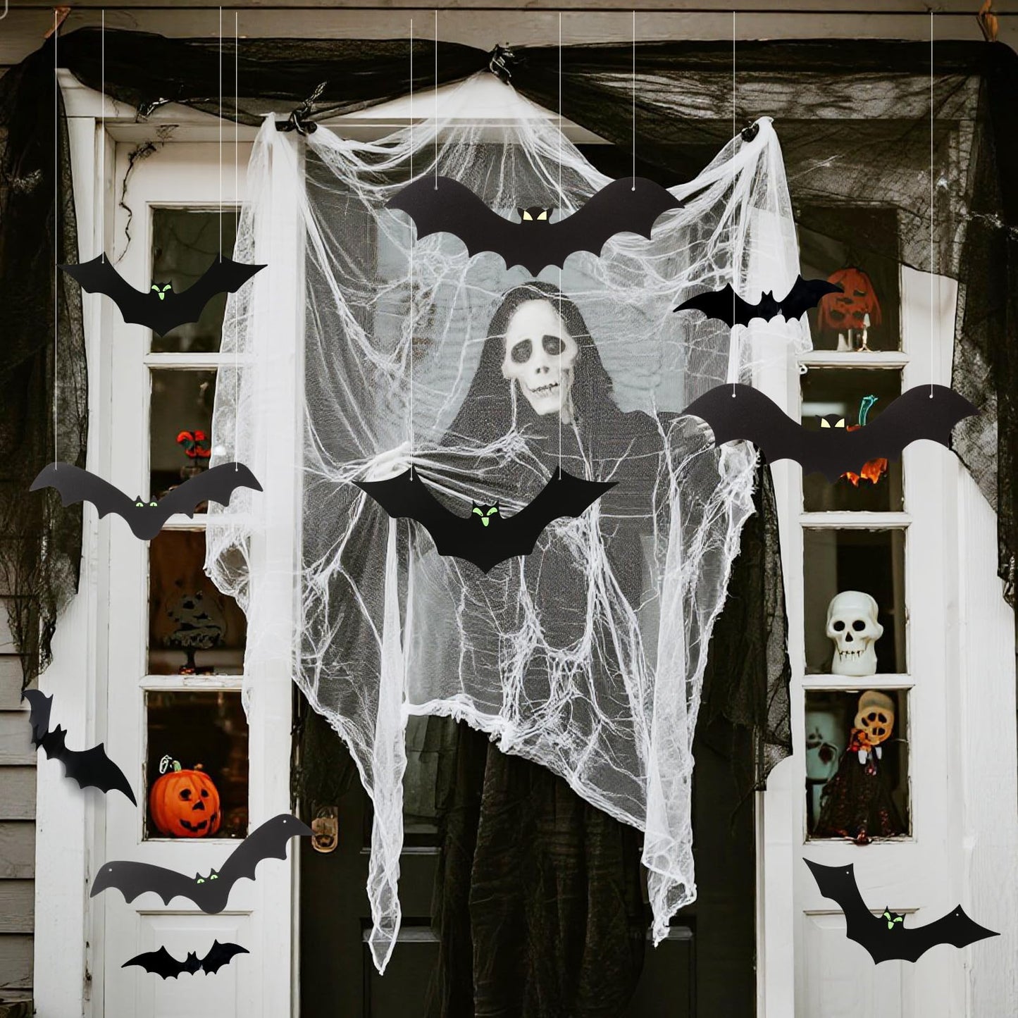 12 Pack Halloween Decorations Hanging Bats - 3 Style Scary Hanging Bat Set with 3D Bats Sticker, Outdoor Scary Flying Bats Set for Yard, Haunted House, Party - Indoor Outdoor Waterproof Decor