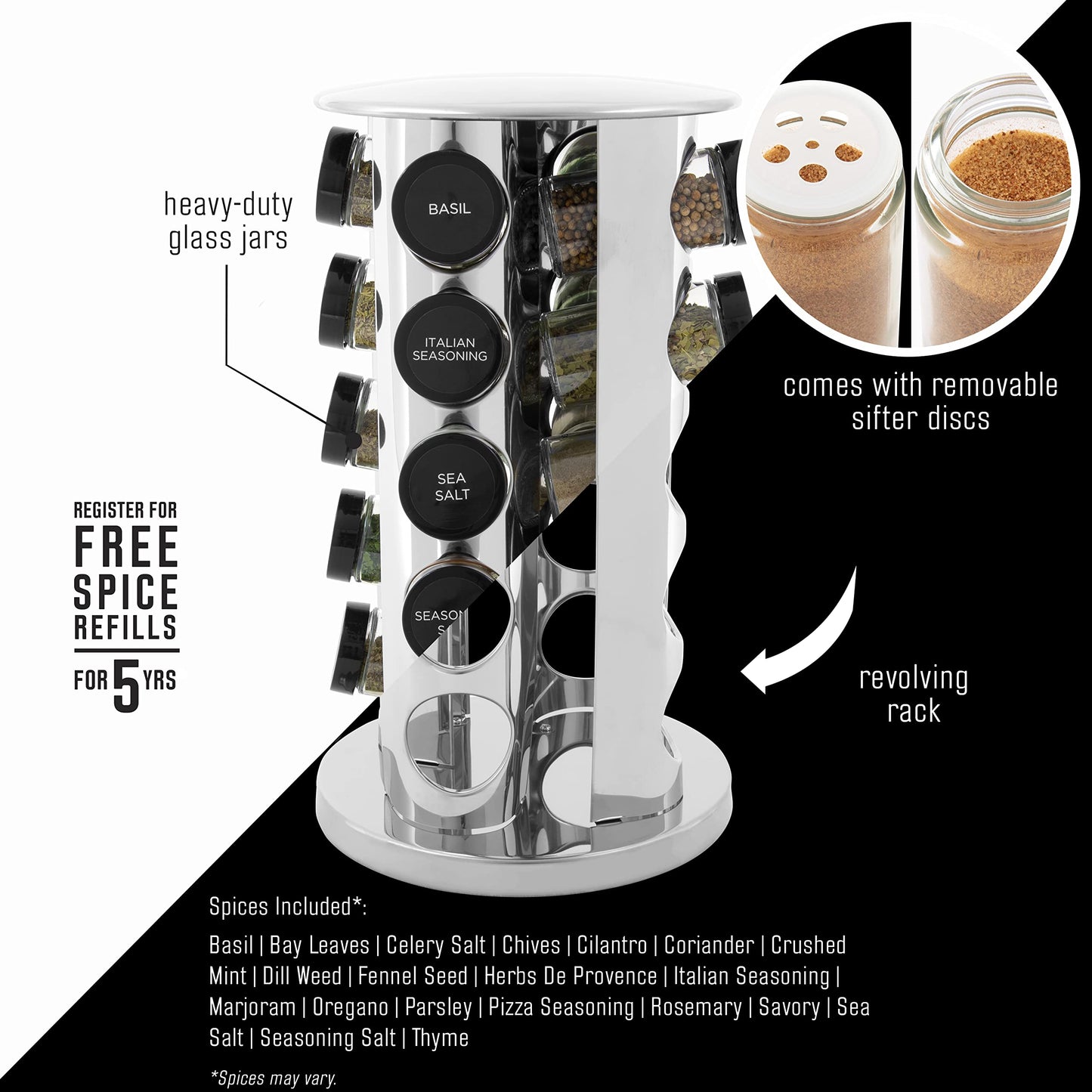Kamenstein 20 Jar Revolving Countertop Spice Rack with Spices Included, FREE Spice Refills for 5 Years, Polished Stainless Steel with Black Caps, 30020