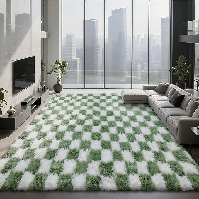 Area Rugs for Bedroom Living Room,8x10 Green and White Fluffy Soft Checkered Rug Fuzzy Shag Shaggy Carpet, Indoor Plush Floor Rugs for Kids Boys Girls Teen Dorm Nursery Home Decor