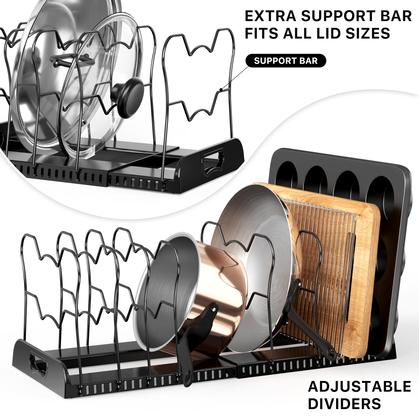 Simple Houseware Expandable Pan Organizer Rack, 10 Adjustable Compartments, Black - Kitchen Cabinet Organizer for Pots, Pans, Lids & Bakeware - Pantry & Countertop Storage
