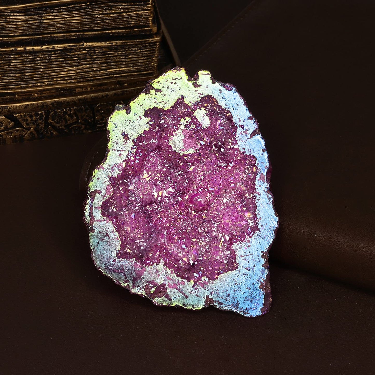 mookaitedecor Angel Aura Quartz Geode Stone Titanium Coated Natural Rock Crystal Cluster Specimen for Reiki Healing Meditation Home Decor 0.22-0.44 LB, Fushcia