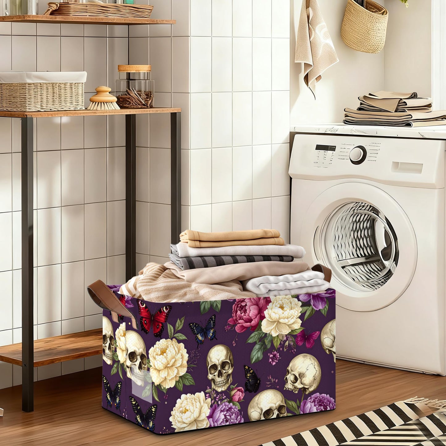 Oeaskly Storage Bins with Handles, Oxford Cloth Storage Basket with Sturdy Frame, Purple Flower Skeleton Collapsible Organizer for Closet, Shelf, Clothes, Towels, Home Storage
