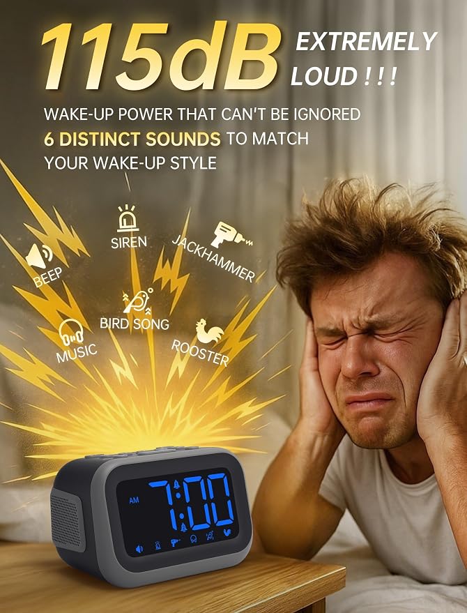 Acedeck Super Loud Alarm Clock: 115dB Wake-Up Power | Dual Alarms and 6 Alarm Sounds for Heavy Sleepers Adults and Shift Workers - Bedroom and Daily Wake-Up Use (Blue Digits)